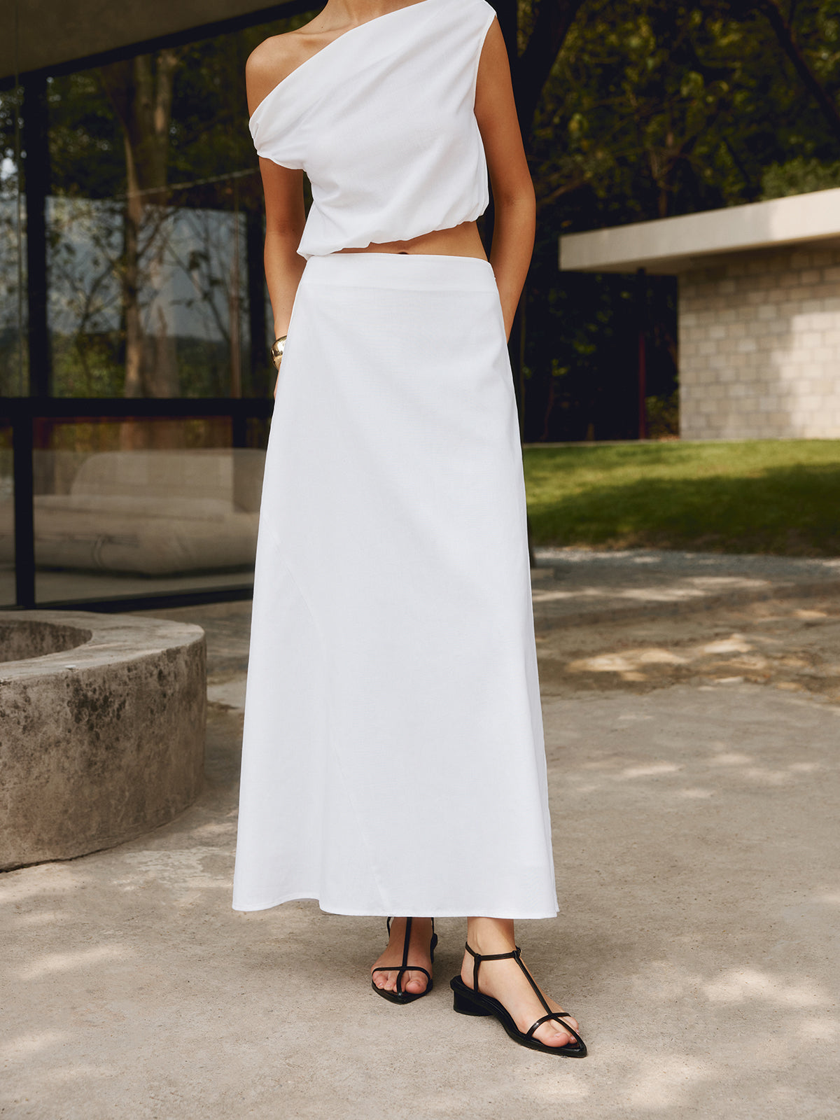 Cotton & Linen Solid Maxi Skirt-Chicvia