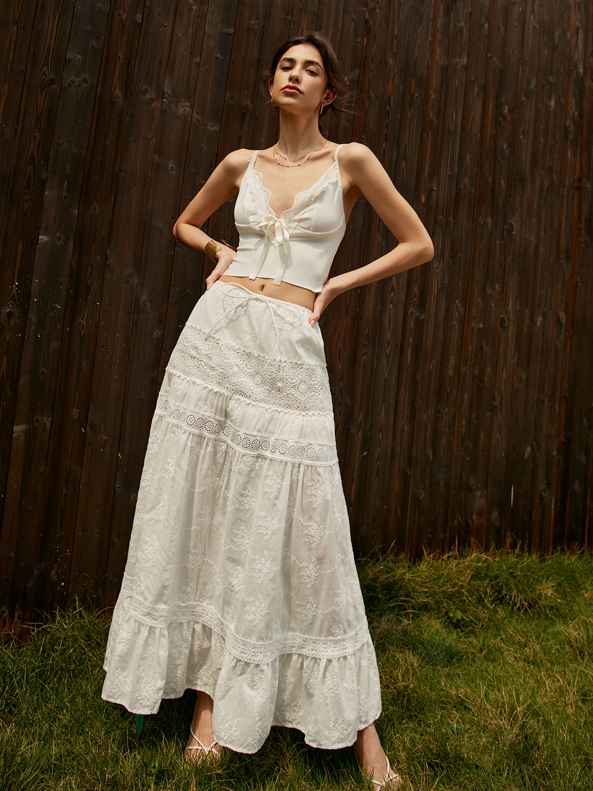 Jacquard Cotton Blends Maxi Skirt-Chicvia