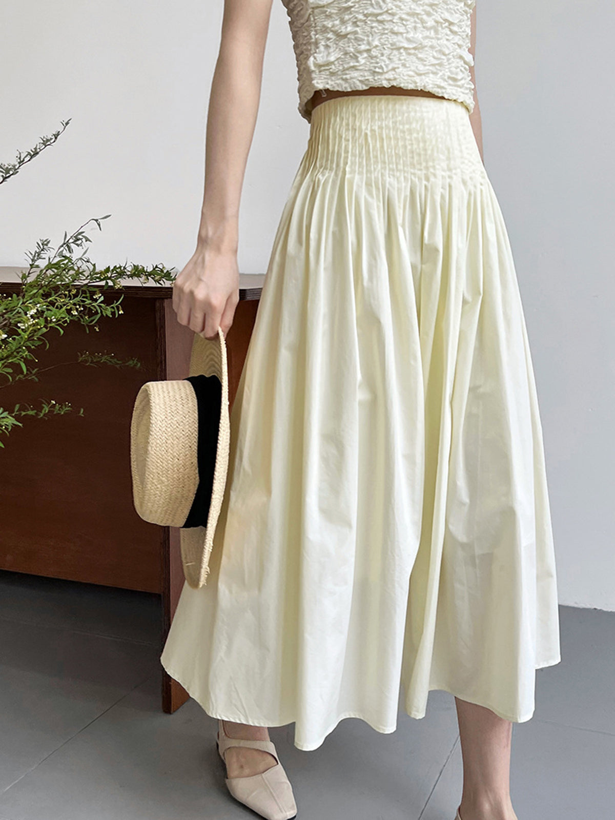 Cotton Creamy Pleated Maxi Skirt-Chicvia