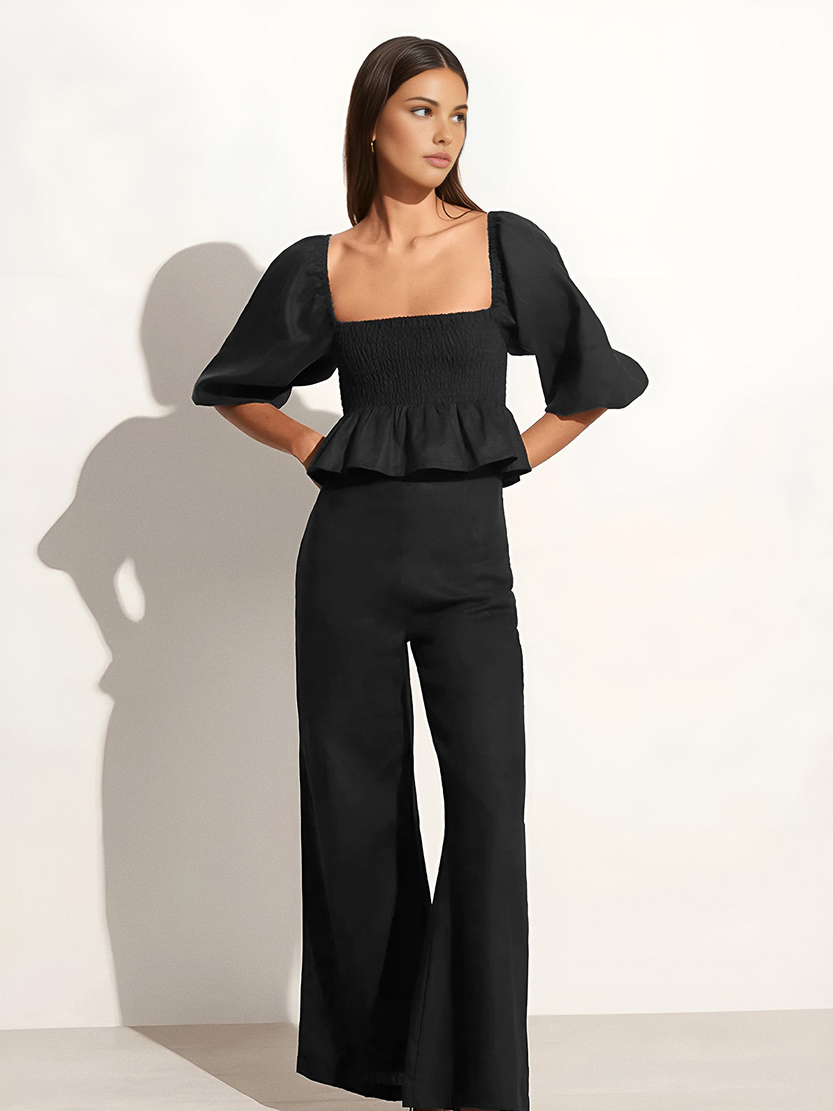 Cotton & Linen Square Neck With Bishop Sleeve Pant Set-Chicvia