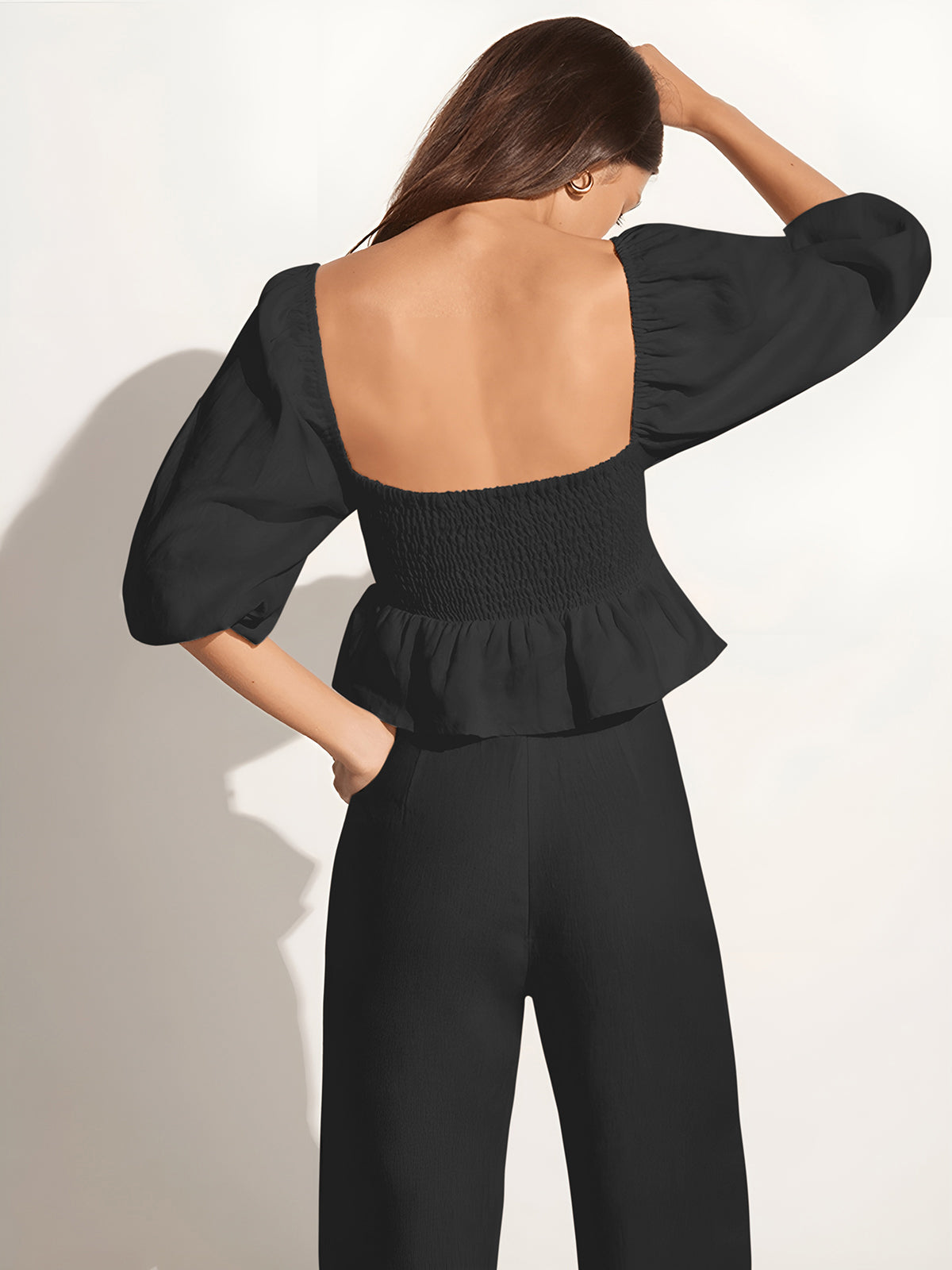 Cotton & Linen Square Neck With Bishop Sleeve Pant Set-Chicvia