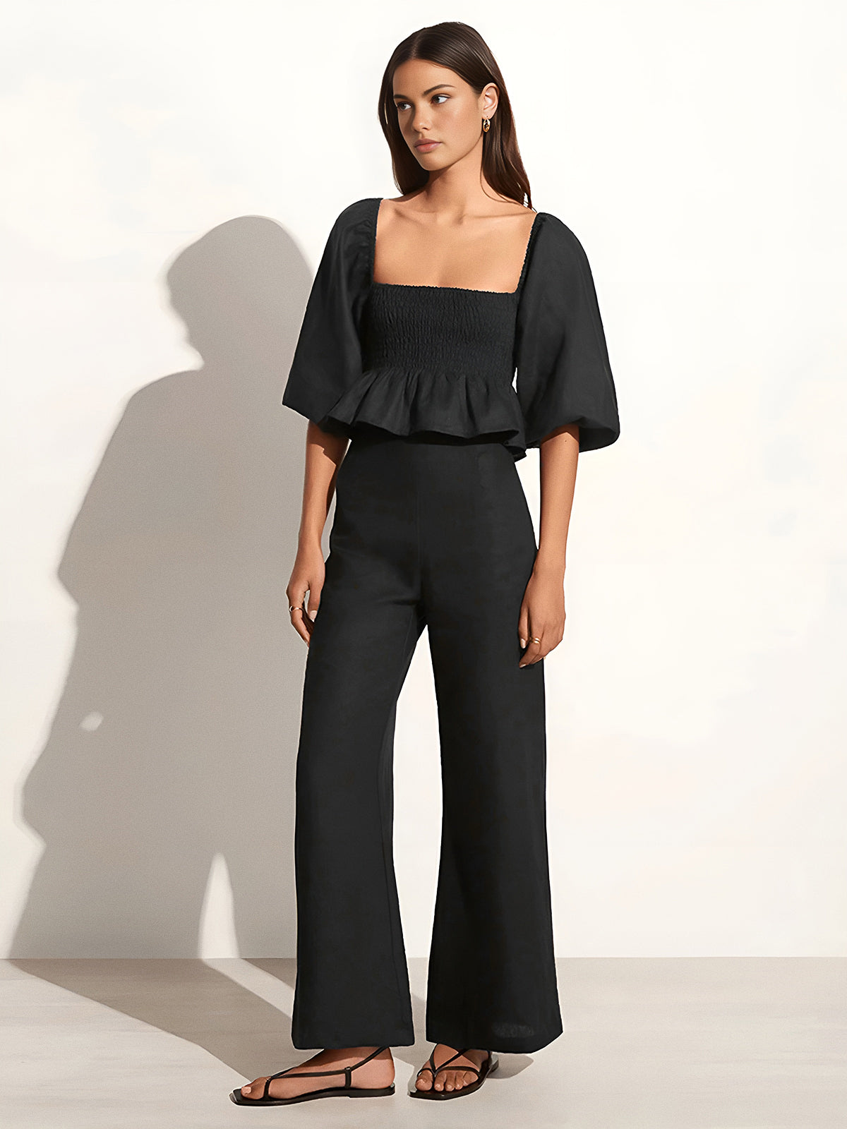 Cotton & Linen Square Neck With Bishop Sleeve Pant Set-Chicvia