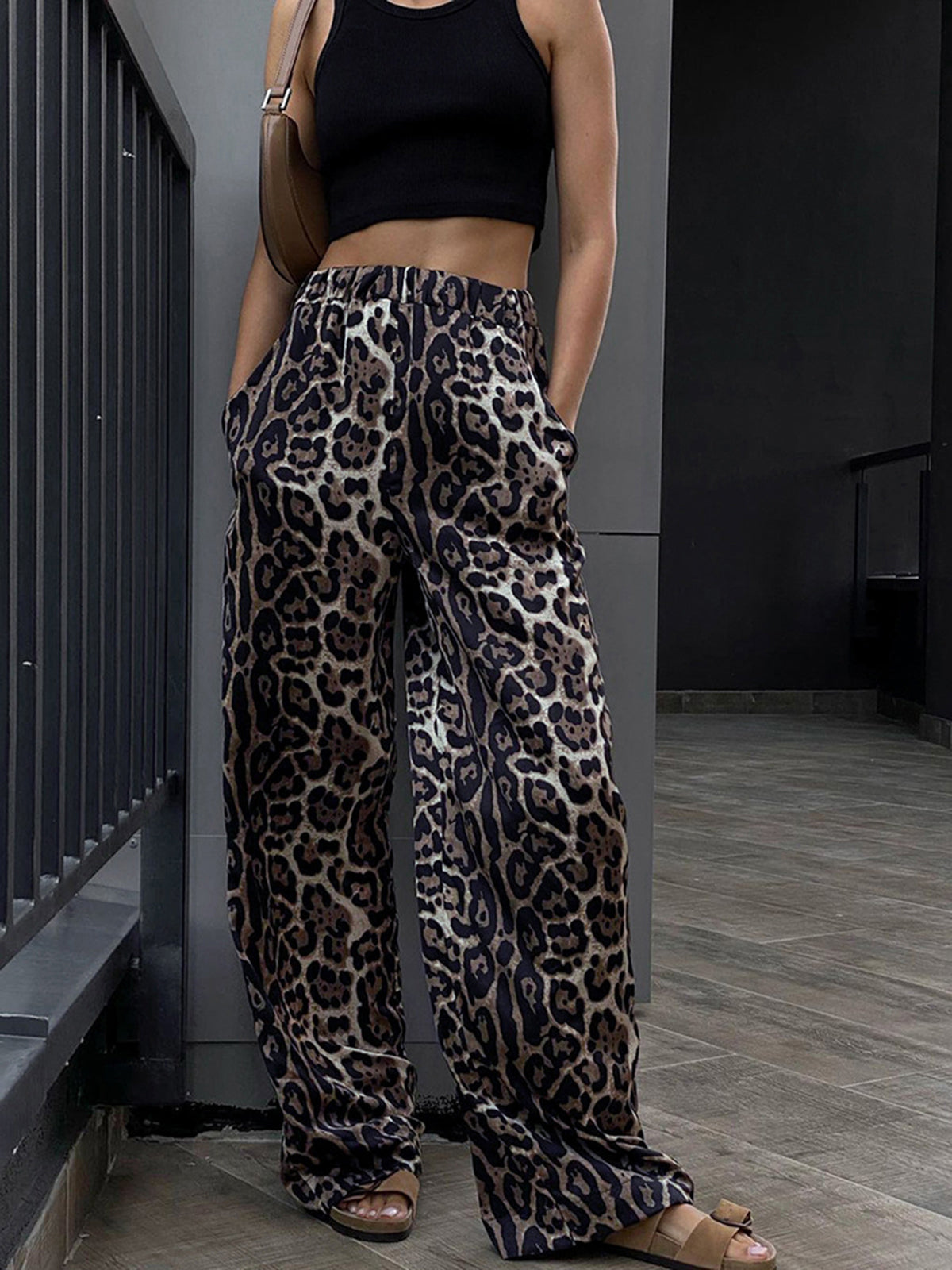 Leopard Print Wide Leg Pants-Chicvia