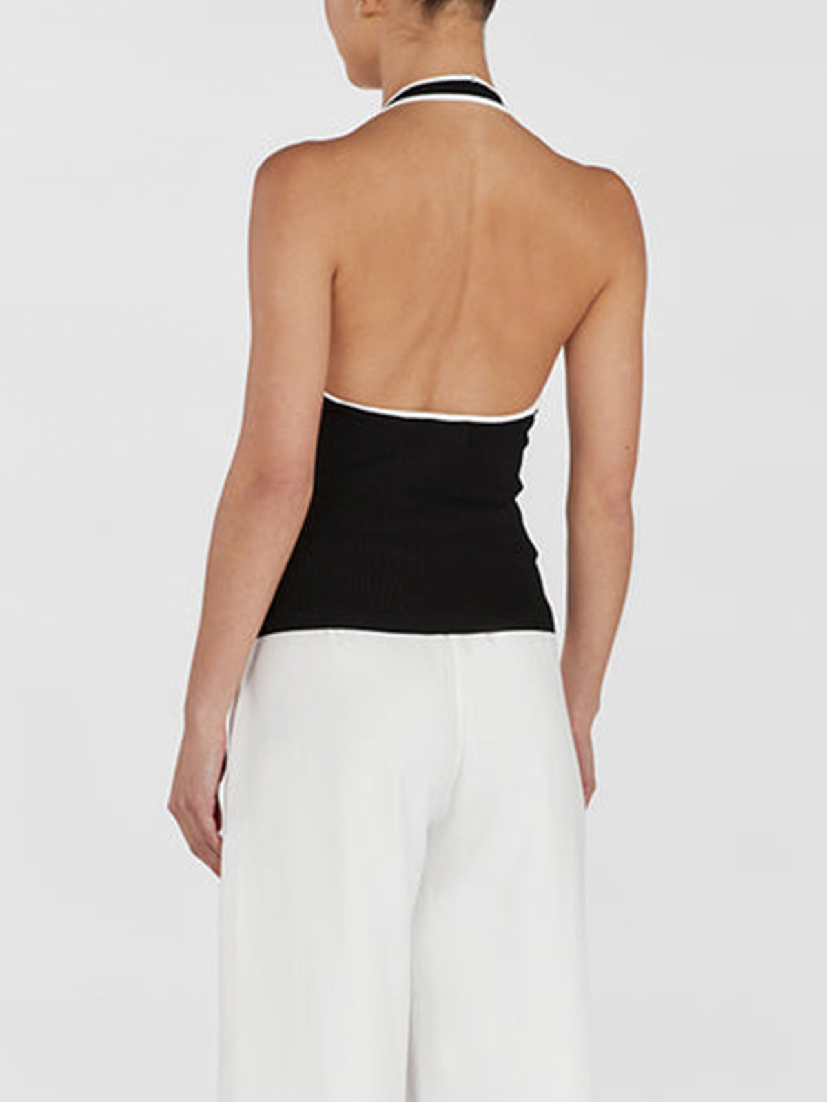 Contrast Trim Open Back Knit Top-Chicvia