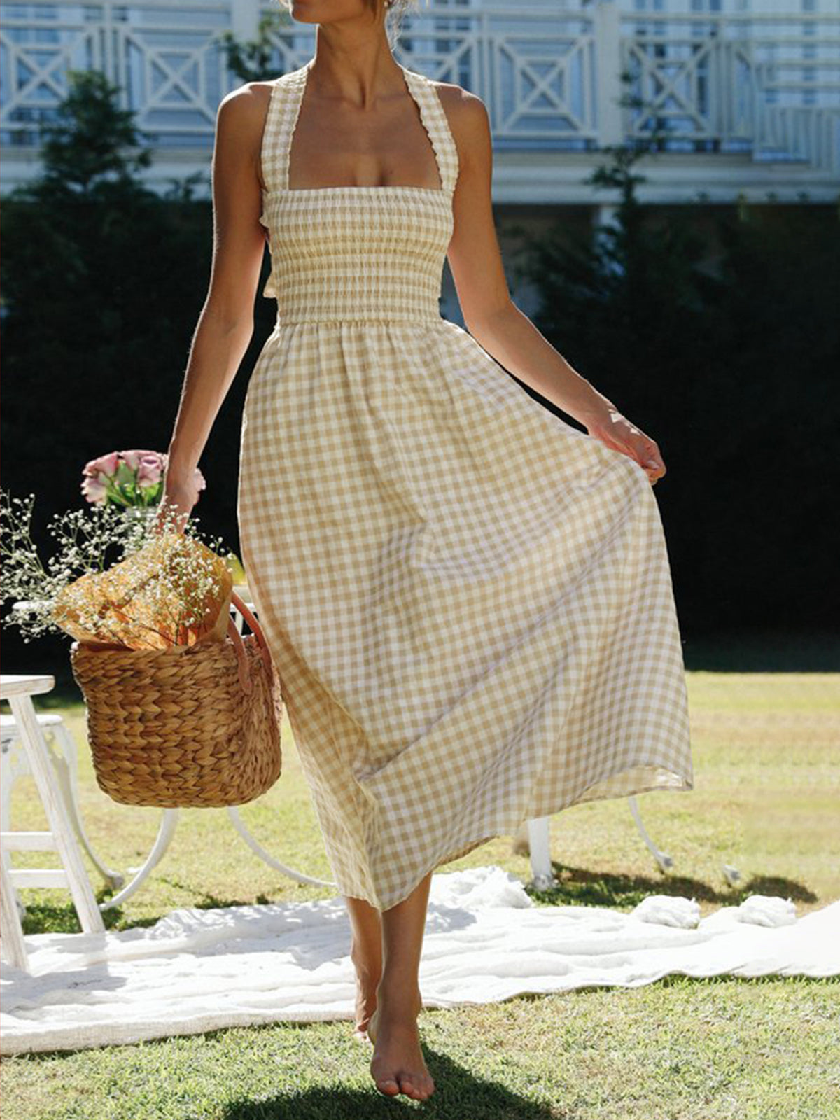 Countryside Plaid Print Halter Criss Cross Long Dress-Chicvia