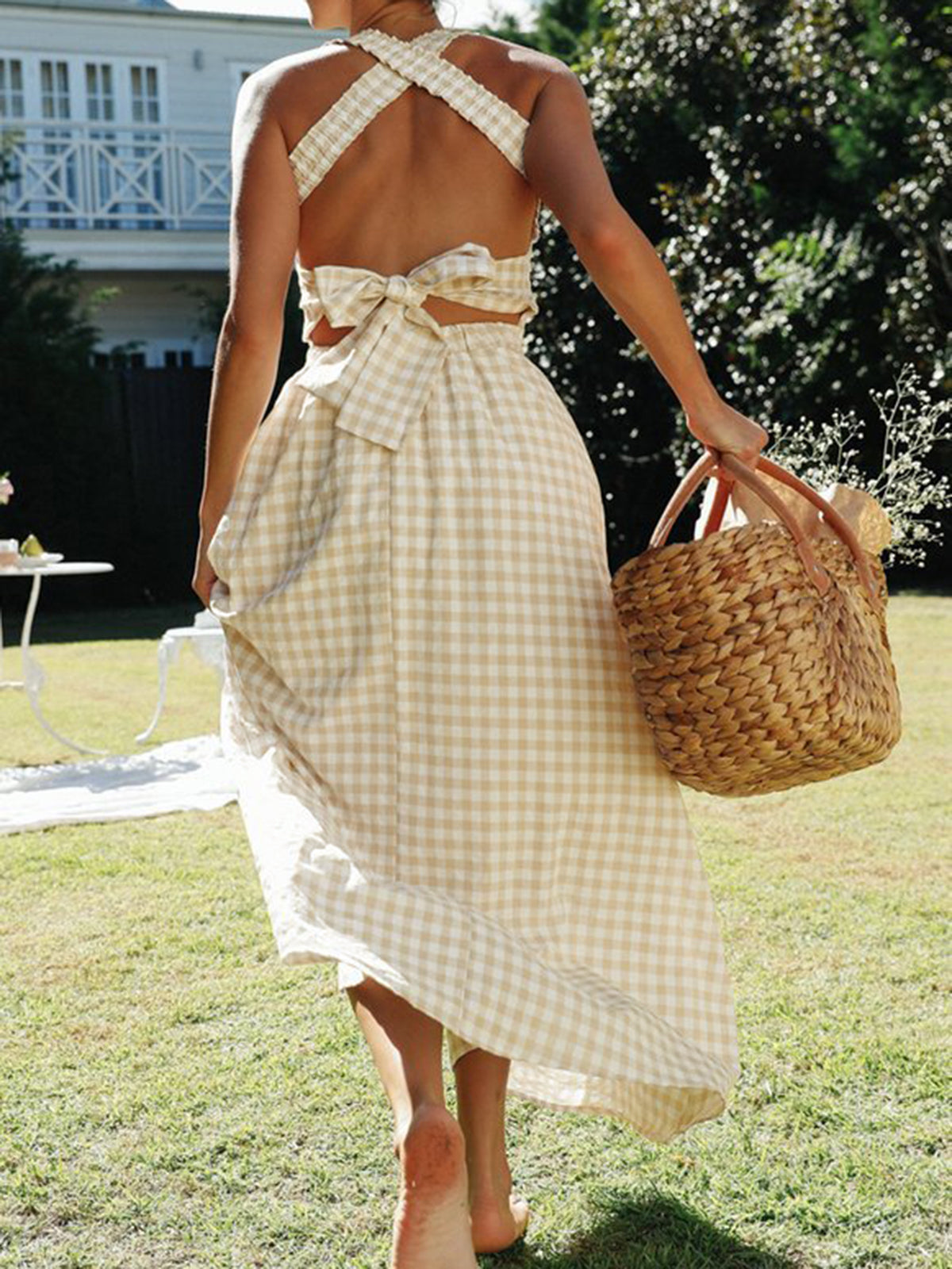 Countryside Plaid Print Halter Criss Cross Long Dress-Chicvia