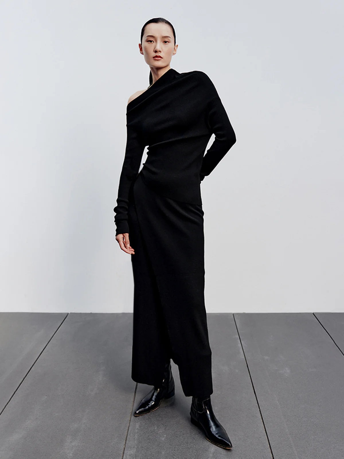 Caramel Asymmetric Neckline Long Sleeve Knit Top-Chicvia