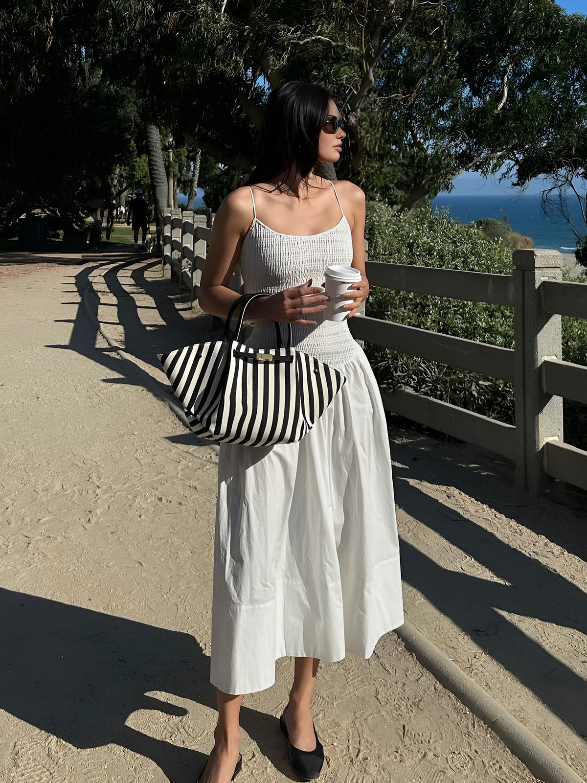 Cotton Blends Shirred Cami Midi Dress-Chicvia