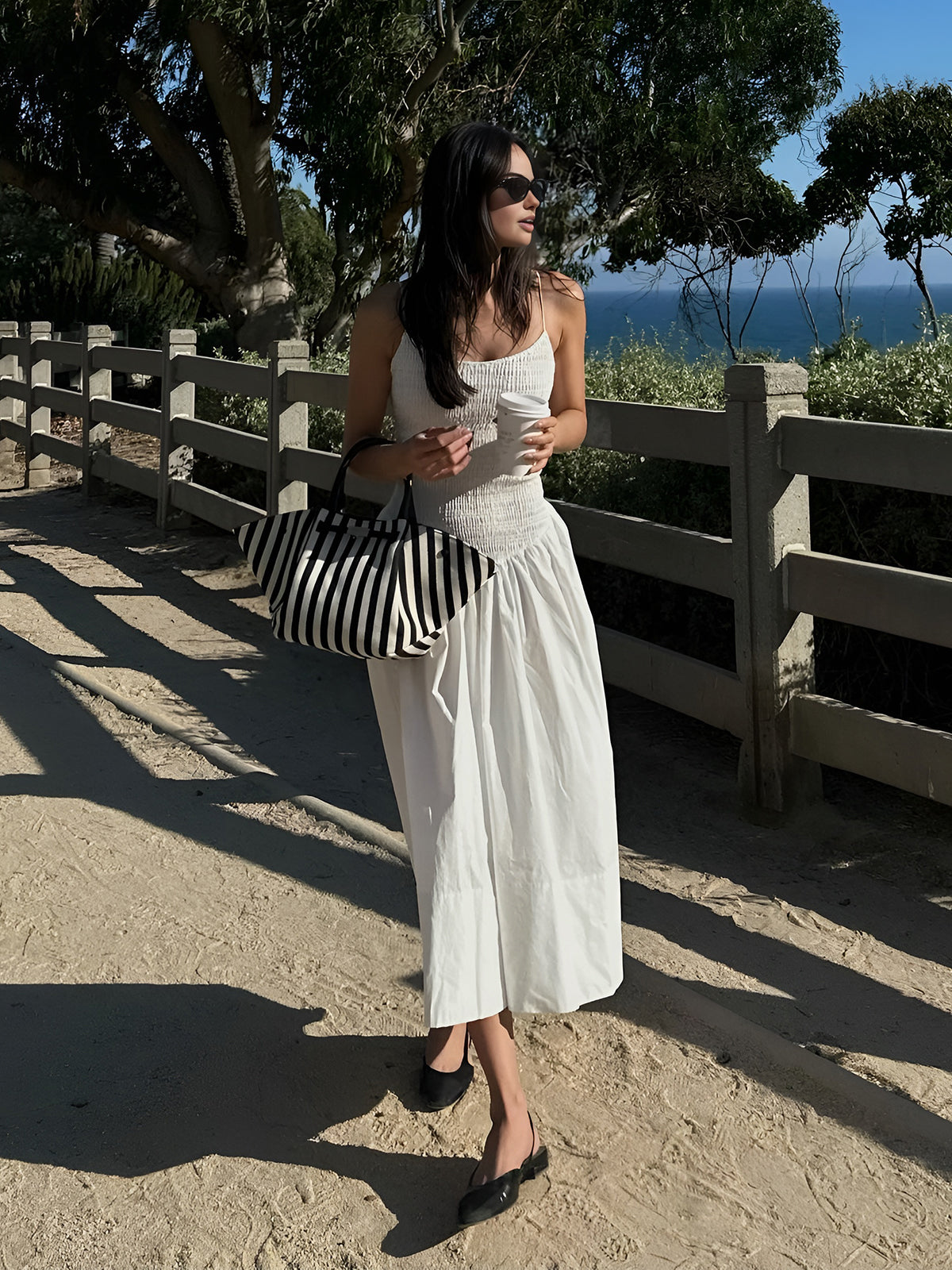 Cotton Blends Shirred Cami Midi Dress-Chicvia