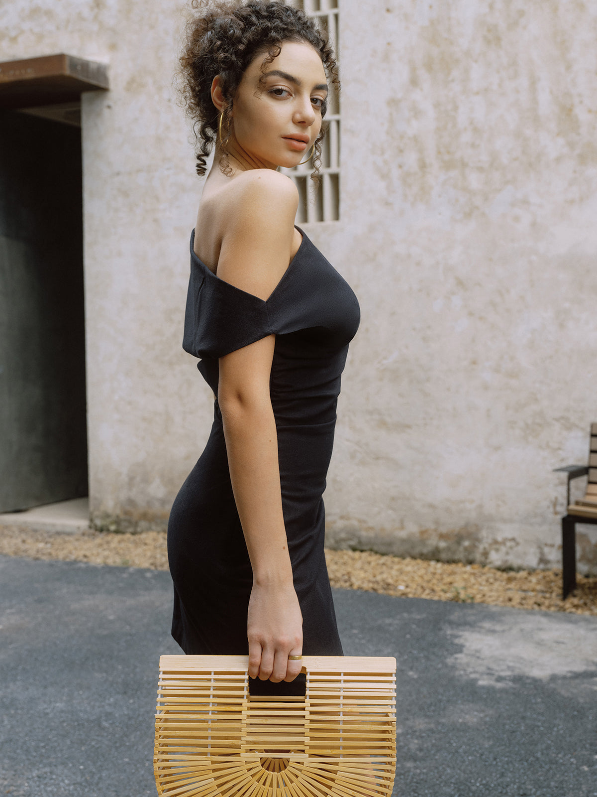 Cotton & Linen Asymmetrical Neck One Shoulder Off Short Dress-Chicvia