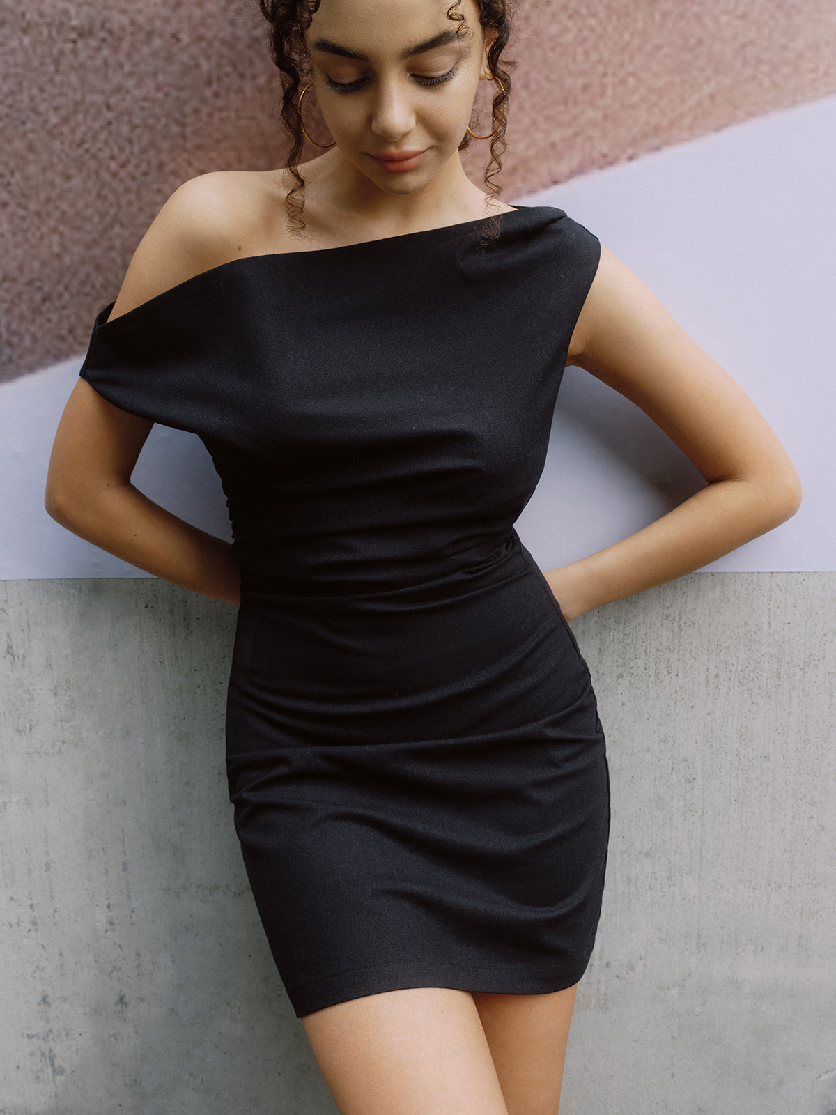 Cotton & Linen Asymmetrical Neck One Shoulder Off Short Dress-Chicvia