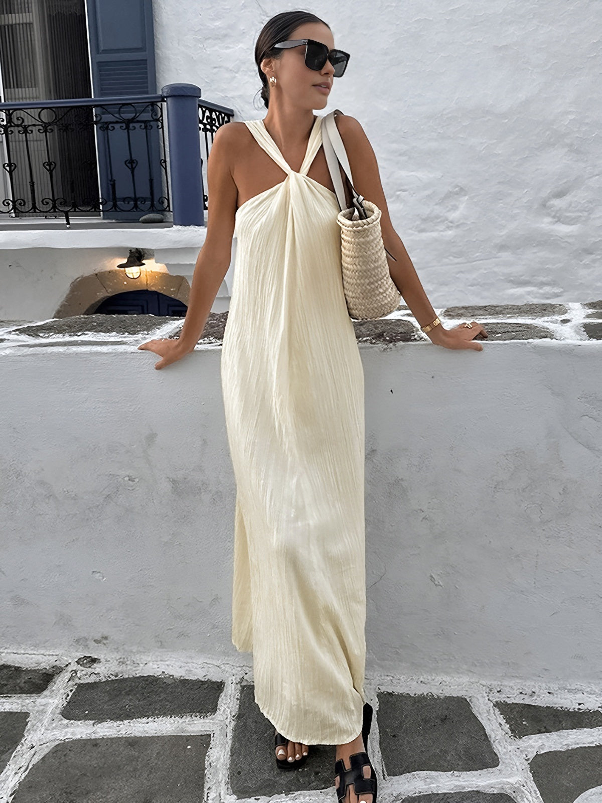 Creamy Halter Long Dress-Chicvia