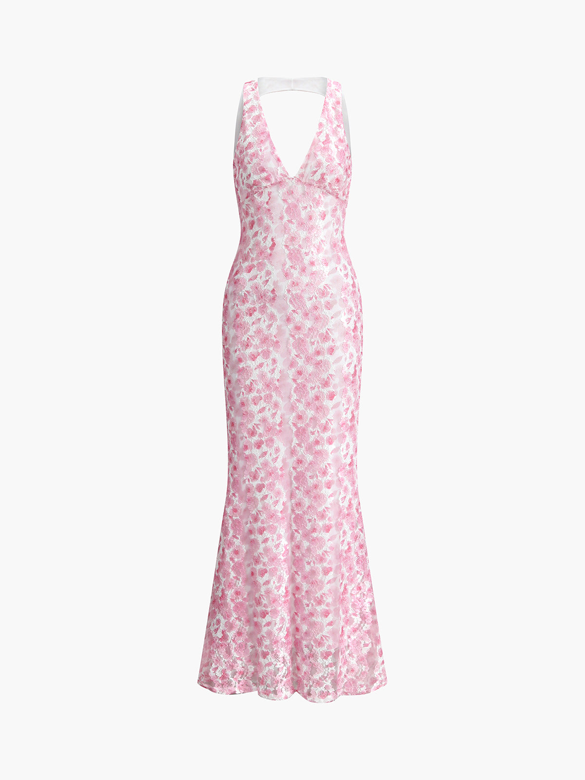 Cherry Blossom Halter Backless Long Dress-Chicvia