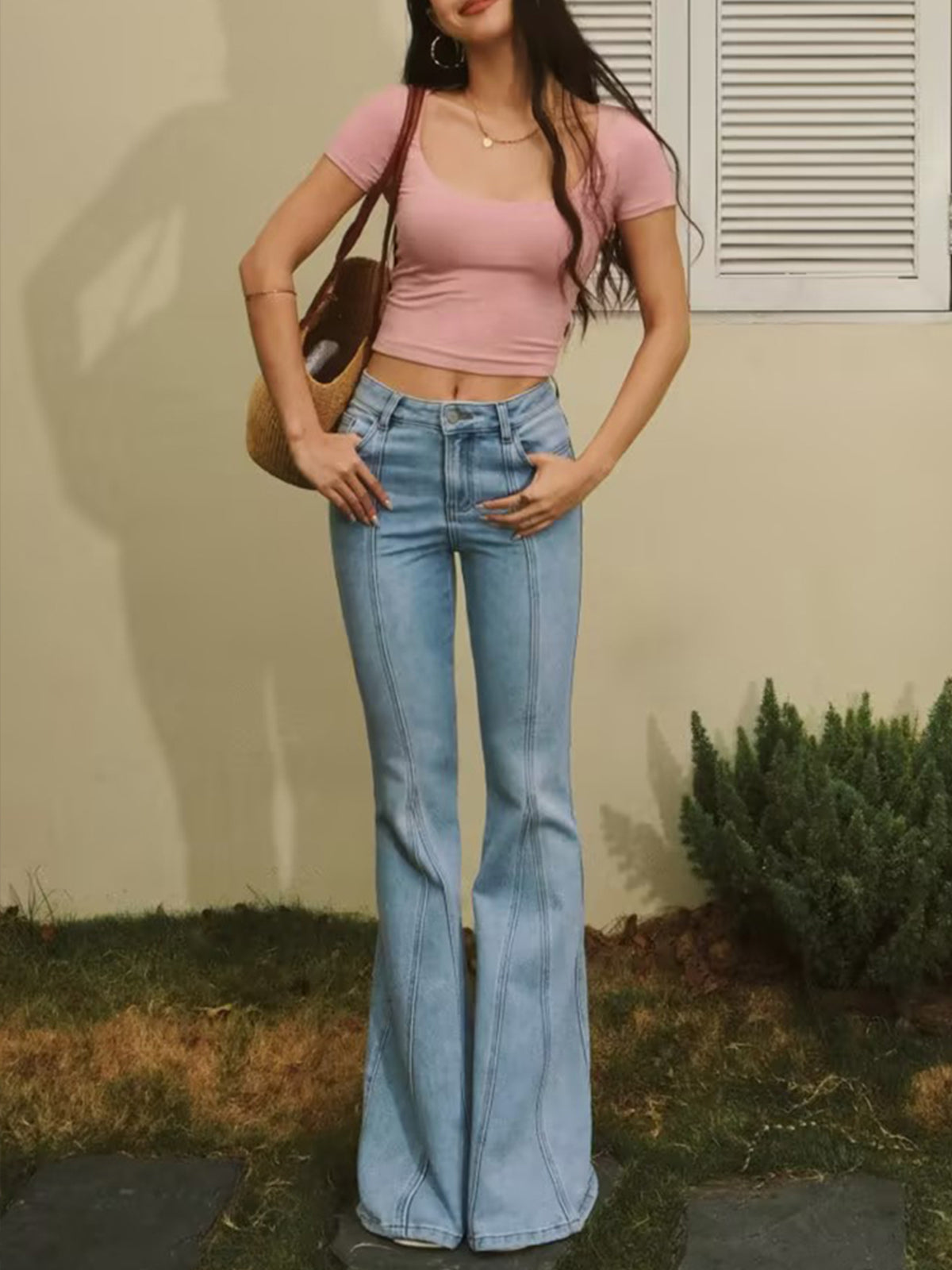 Denim Pockets Flare Jeans-Chicvia