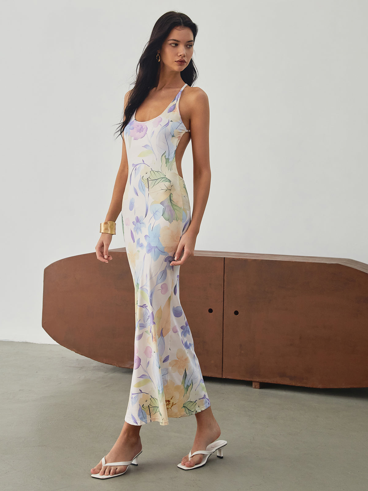 Multi Floral Print Backless Long Dress-Chicvia