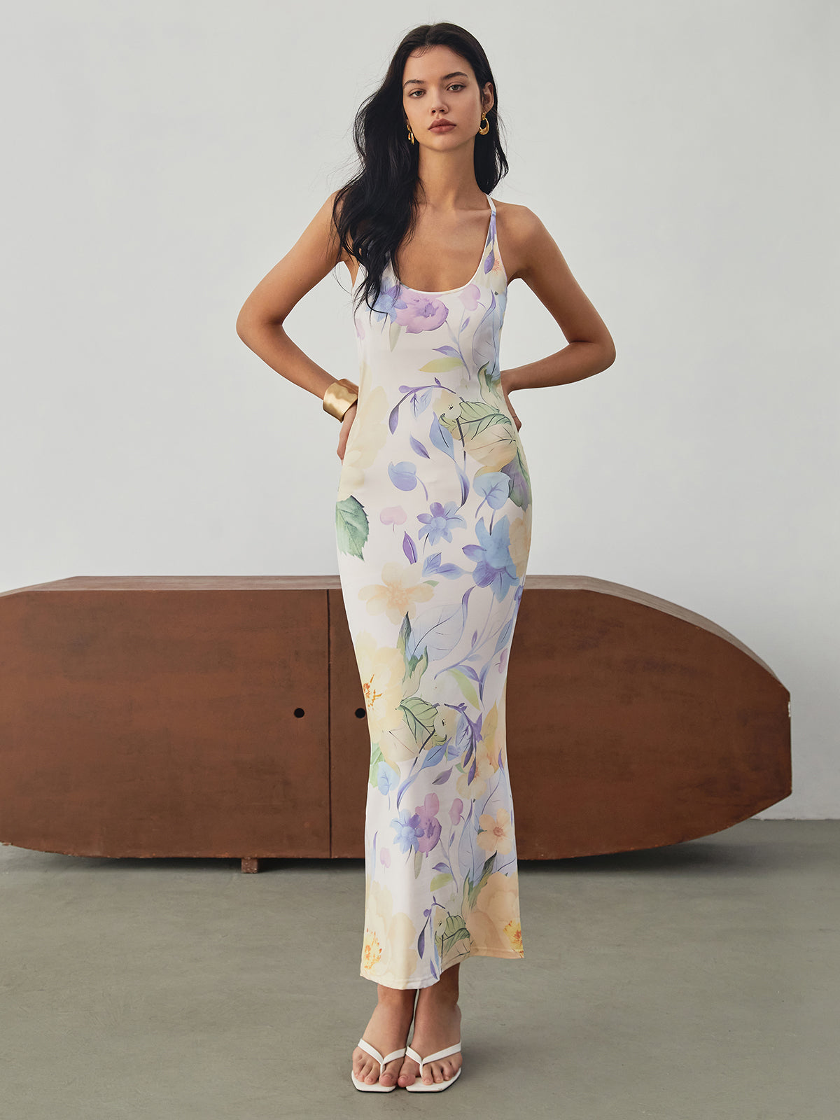 Multi Floral Print Backless Long Dress-Chicvia
