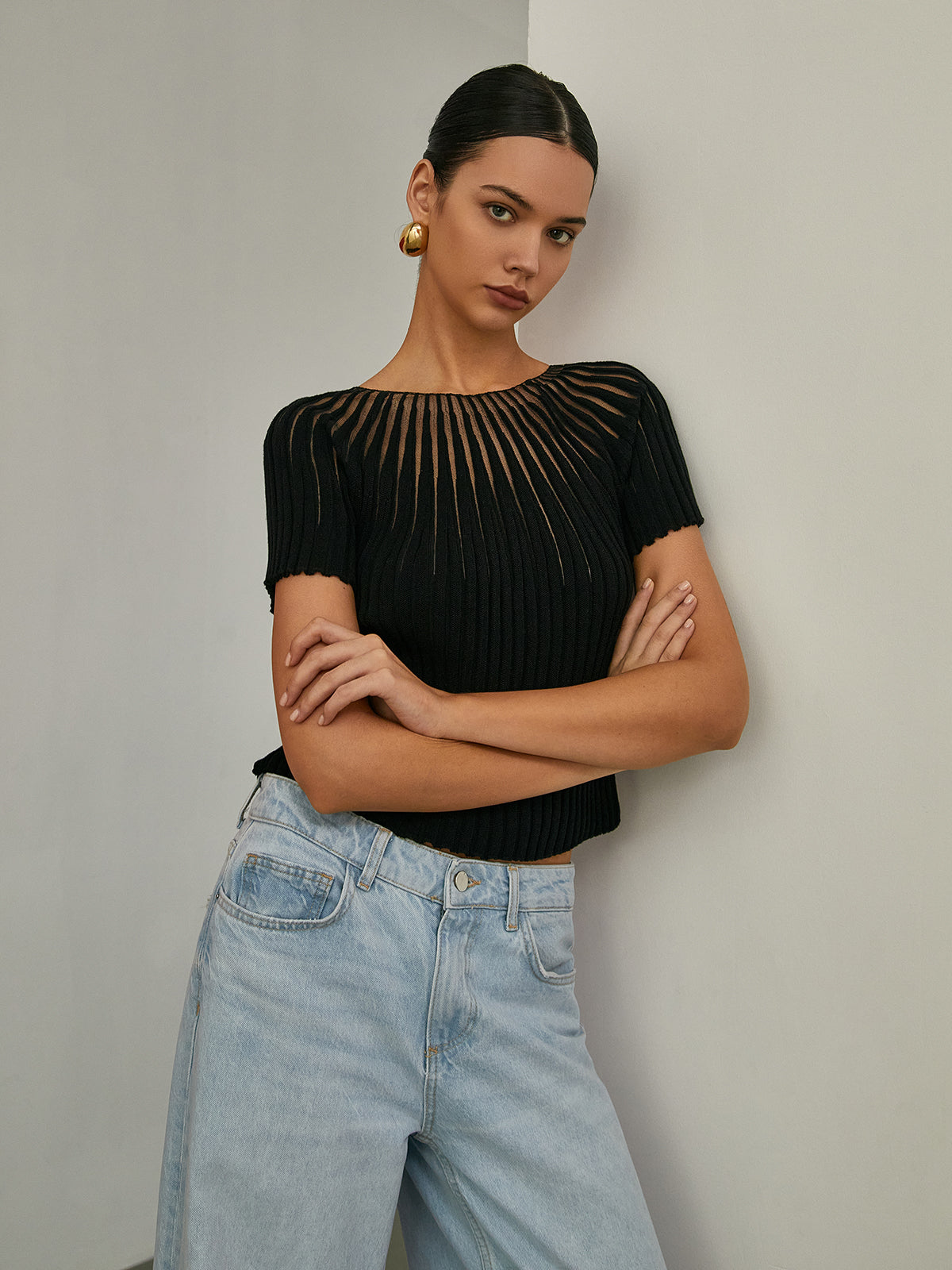 Plain Short Sleeve Knit Top-Chicvia