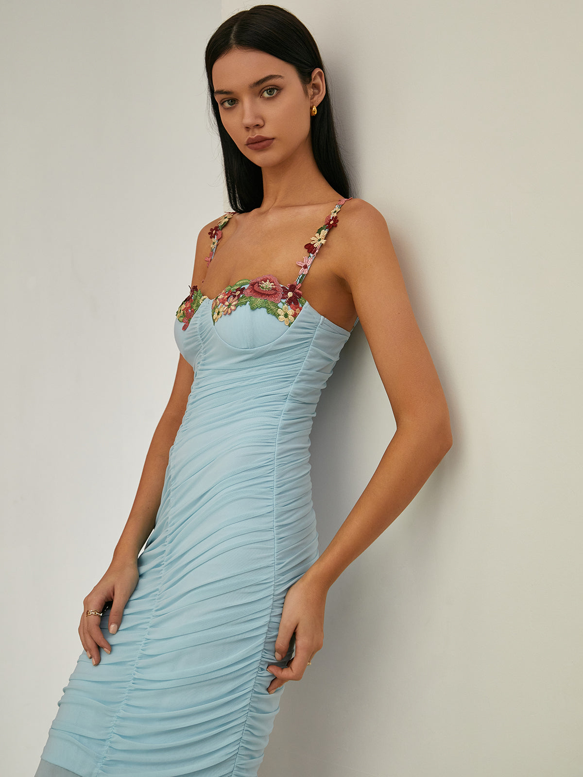 Paradise Flower Trim Pleated Mermaid Long Dress-Chicvia