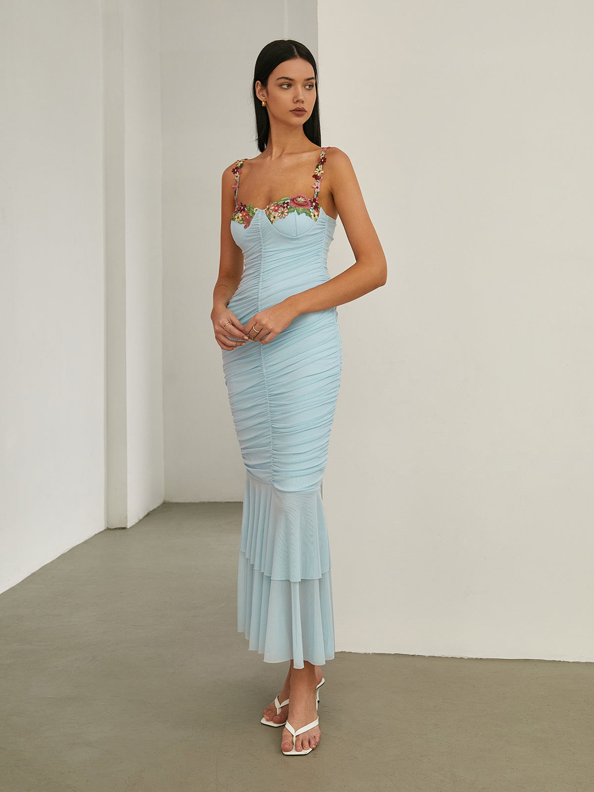 Paradise Flower Trim Pleated Mermaid Long Dress-Chicvia