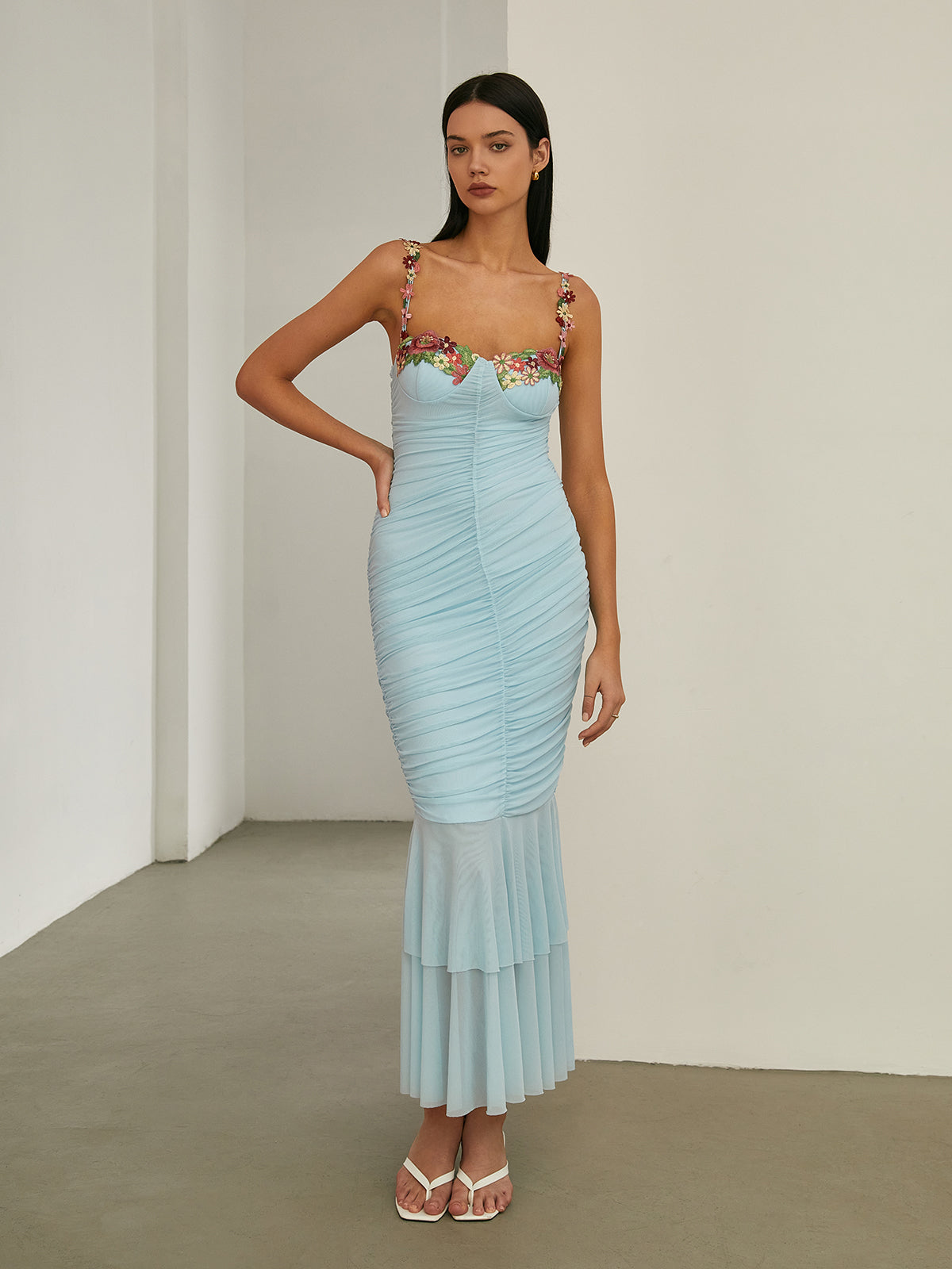 Paradise Flower Trim Pleated Mermaid Long Dress-Chicvia