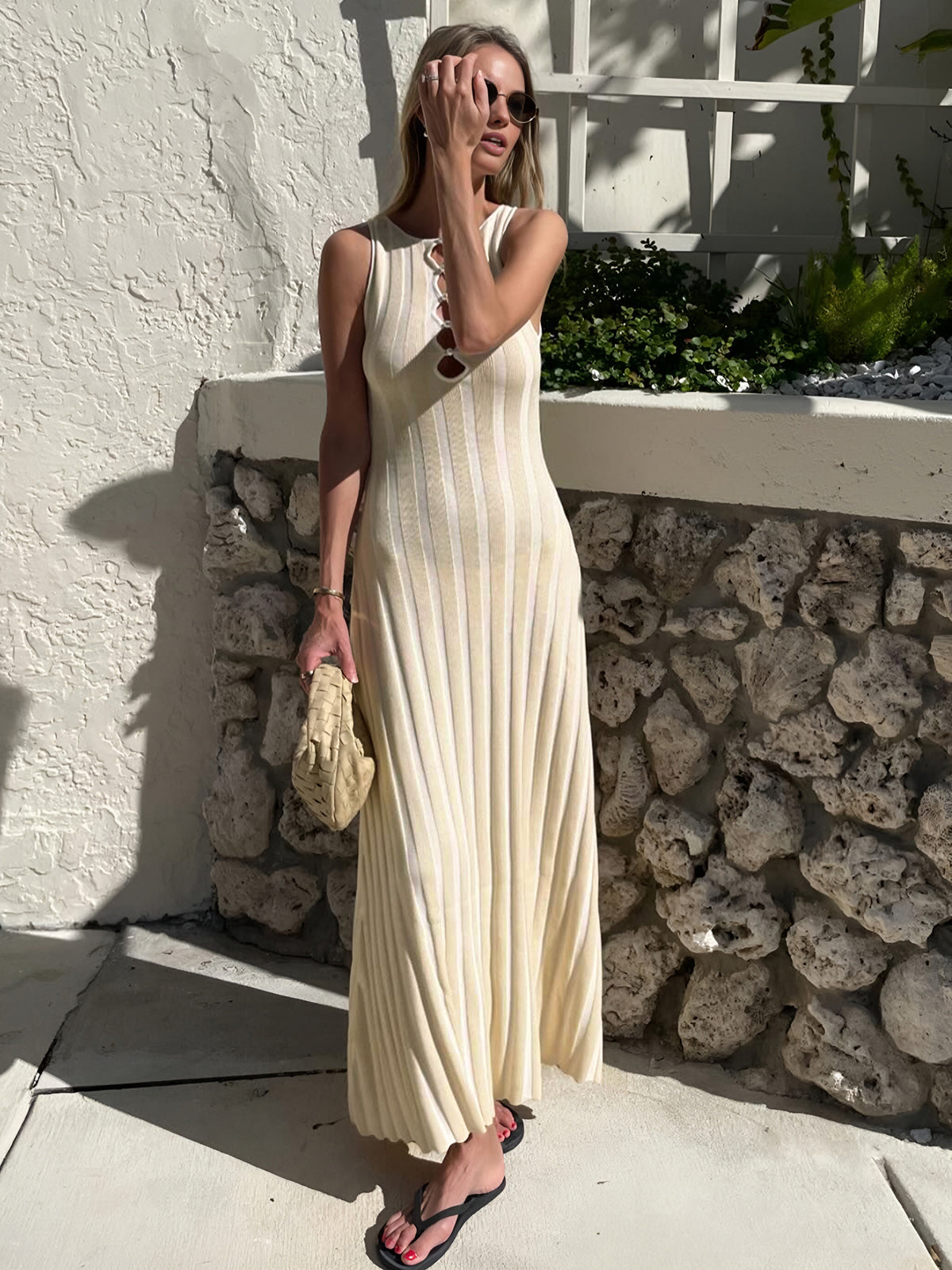 Keyhole Neckline Pearl Decor Sweater Long Dress-Chicvia