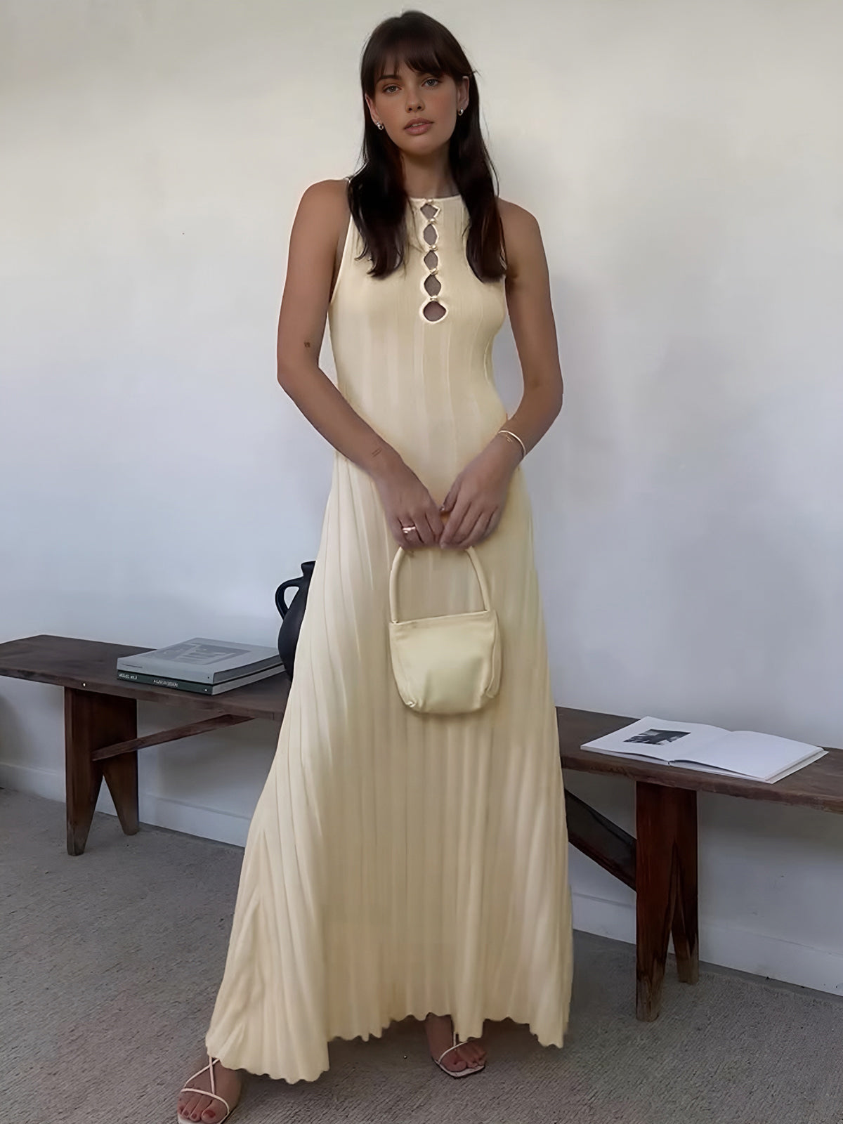 Keyhole Neckline Pearl Decor Sweater Long Dress-Chicvia