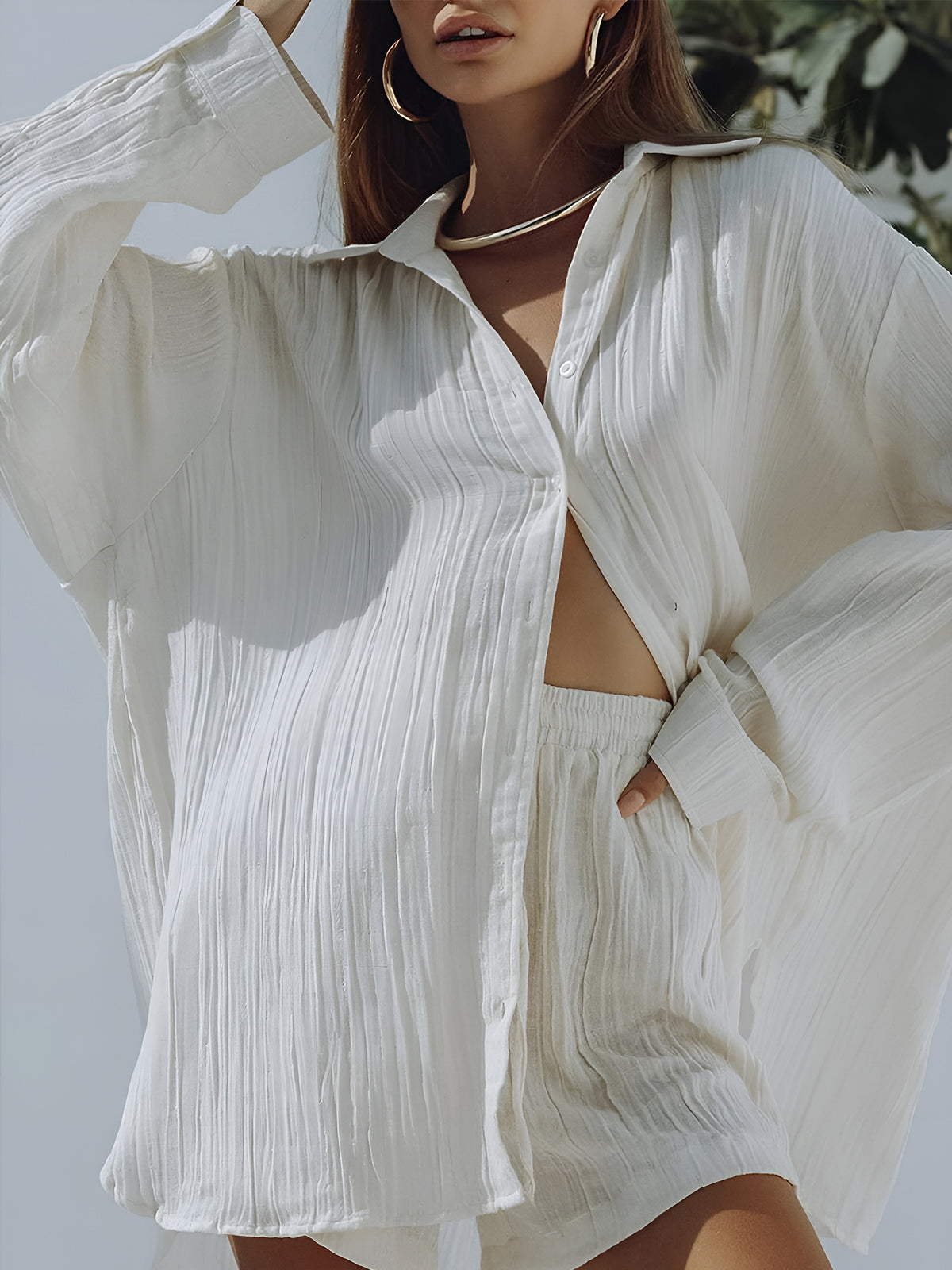 Cotton Blends Pockets Drawstring Shorts Set-Chicvia