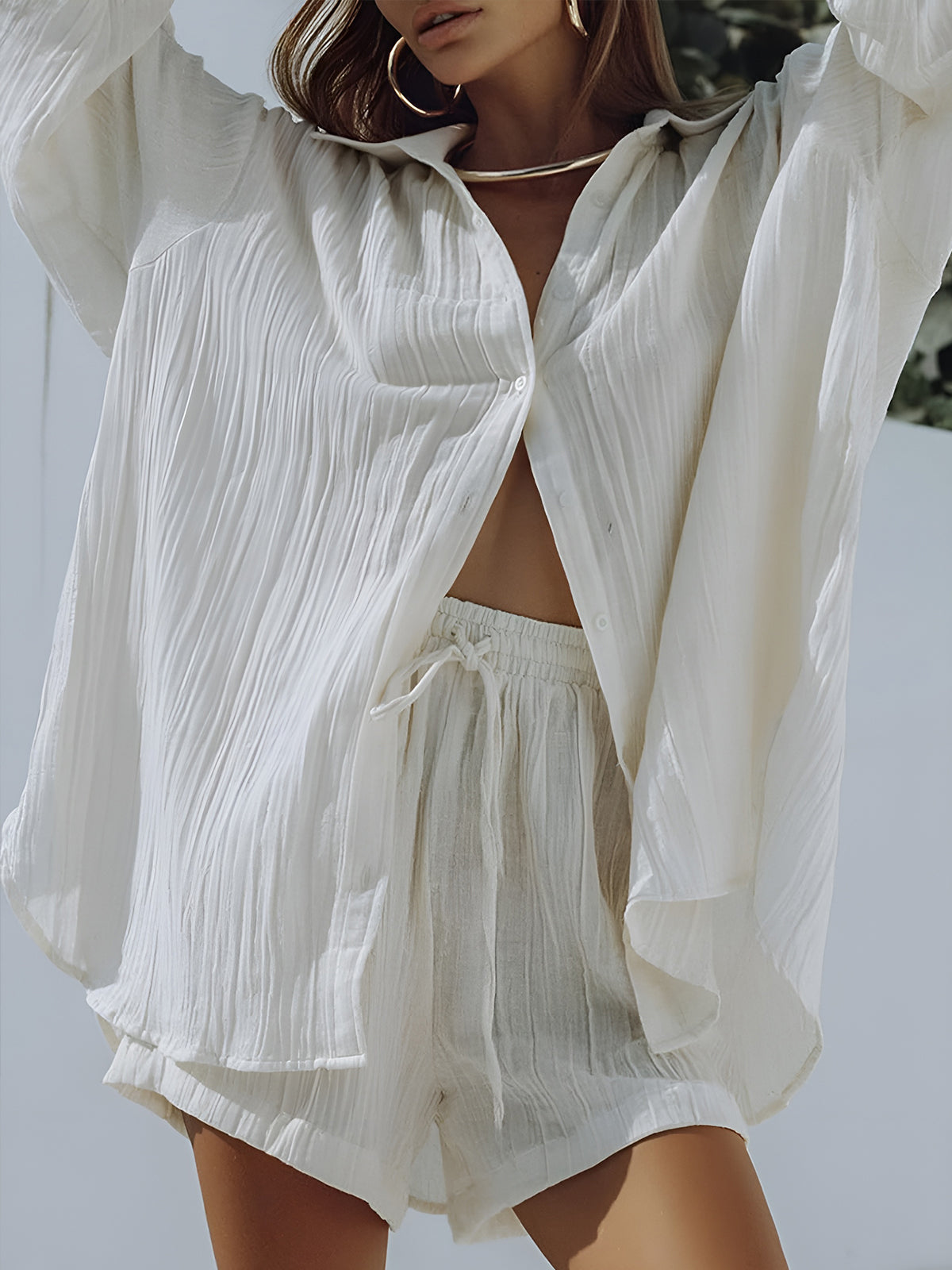 Cotton Blends Pockets Drawstring Shorts Set-Chicvia