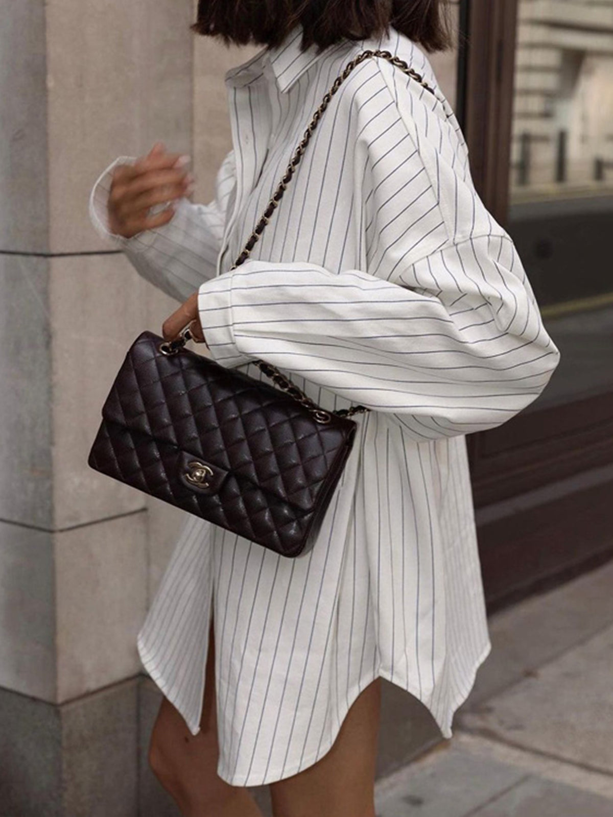 Oversized Striped Large Pockets Shirt-Chicvia