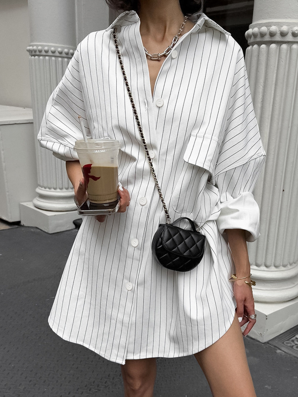 Oversized Striped Large Pockets Shirt-Chicvia