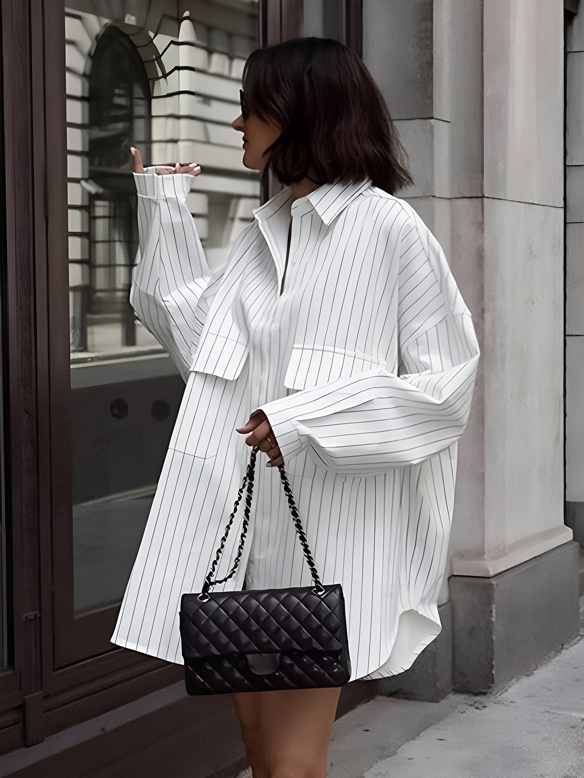Oversized Striped Large Pockets Shirt-Chicvia
