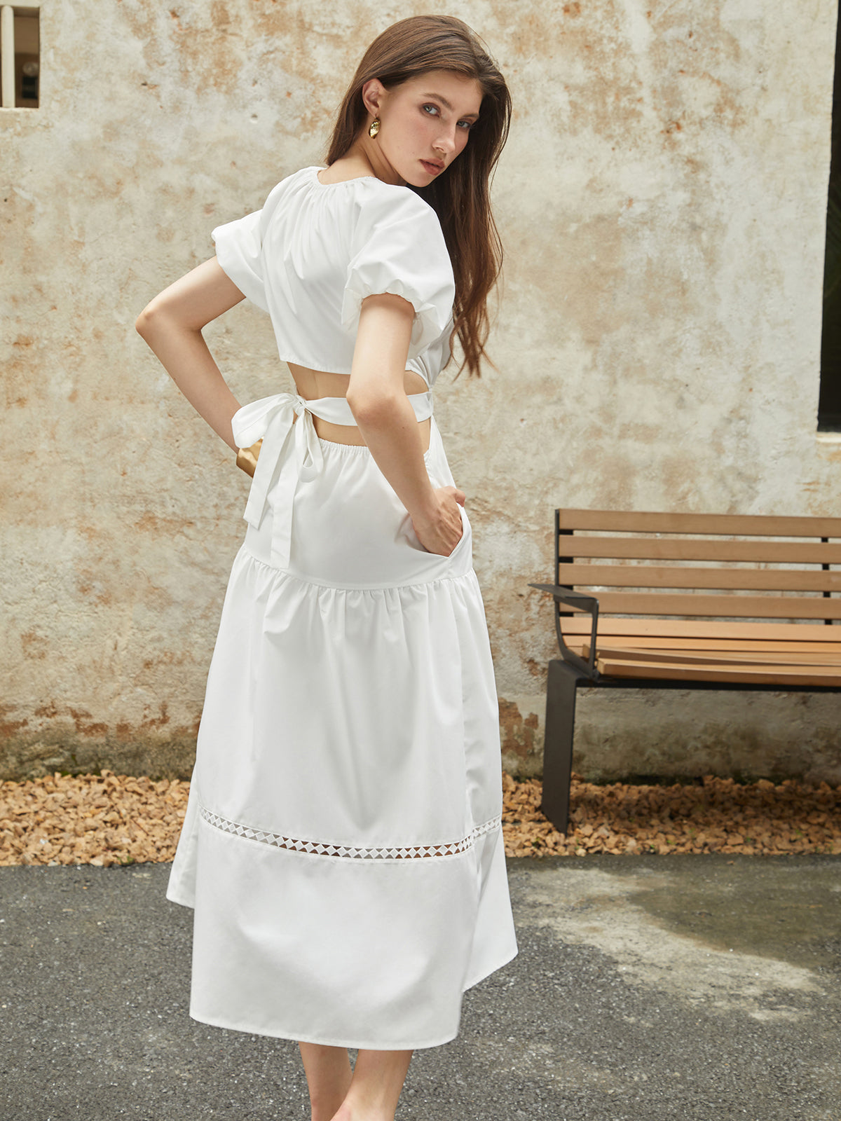Frenchy Puff Sleeve Knotted Midi Dress-Chicvia