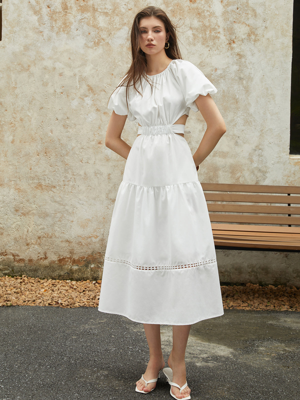 Frenchy Puff Sleeve Knotted Midi Dress-Chicvia