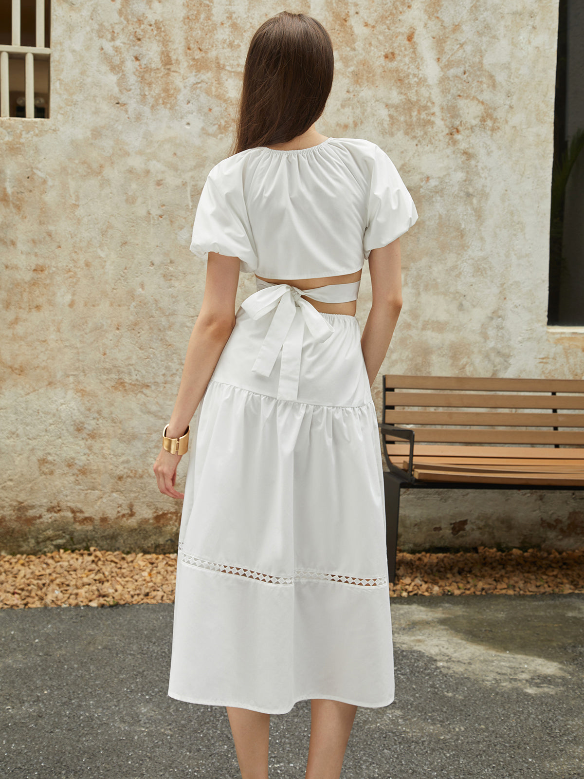 Frenchy Puff Sleeve Knotted Midi Dress-Chicvia