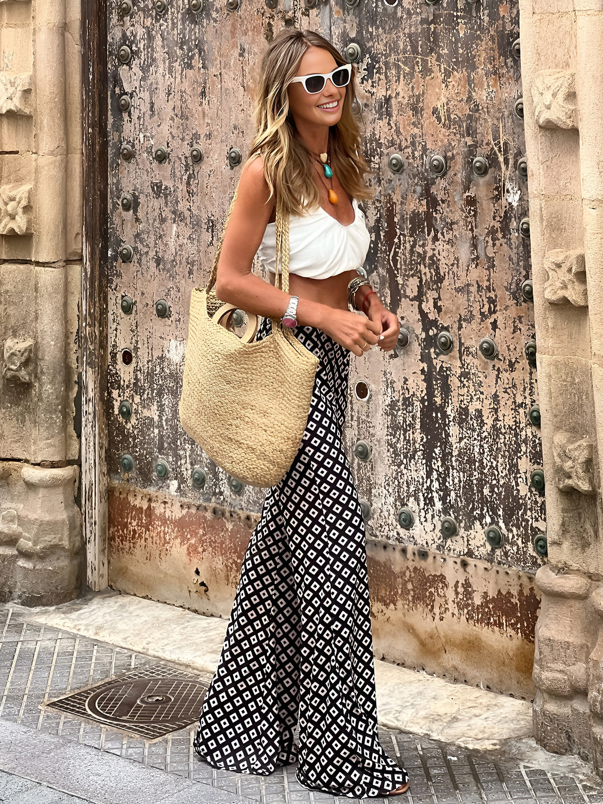 Geometrical Print Flare Pants-Chicvia