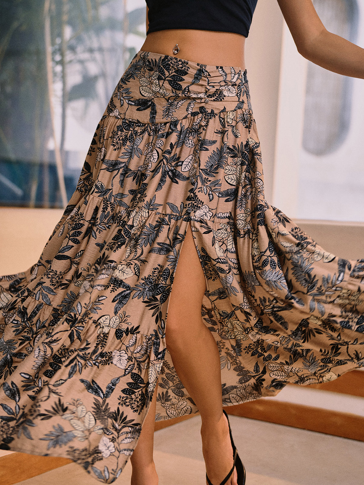 Herbal Harmony Plant Print Split Maxi Skirt-Chicvia