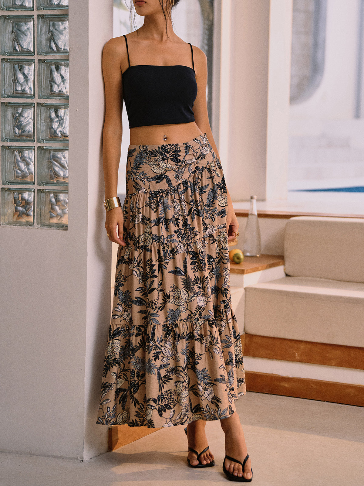 Herbal Harmony Plant Print Split Maxi Skirt-Chicvia