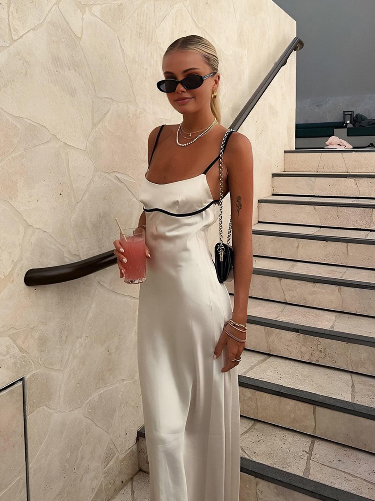 Contrast Binding Backless Long Dress-Chicvia