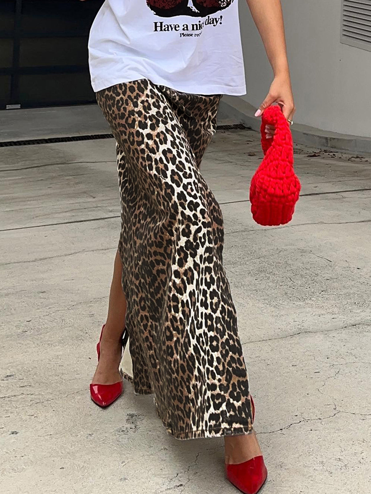 Cotton Leopard Print Split Midi Dress-Chicvia