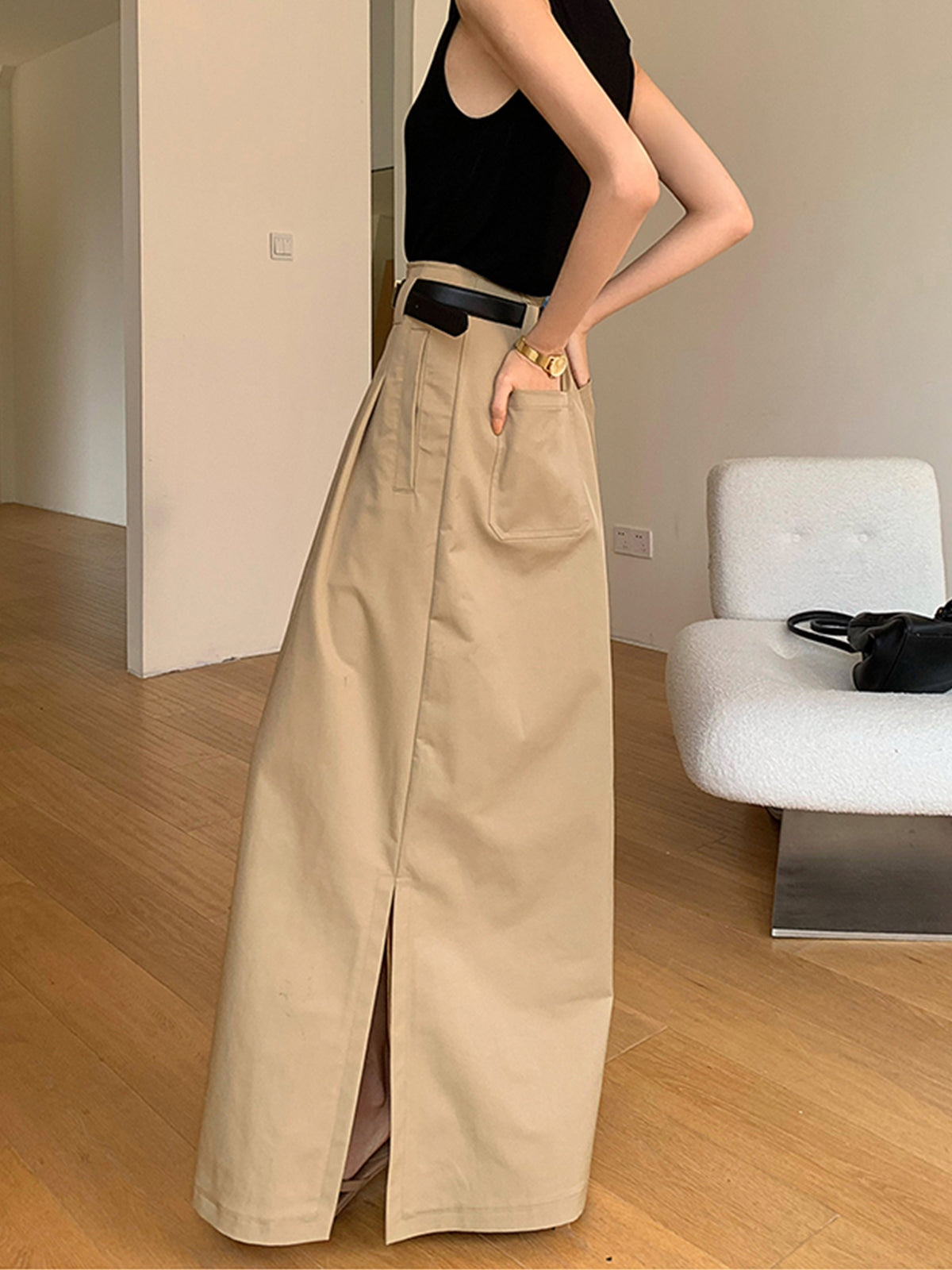 Oversized Cotton Split Maxi Skirt Without Belt-Chicvia