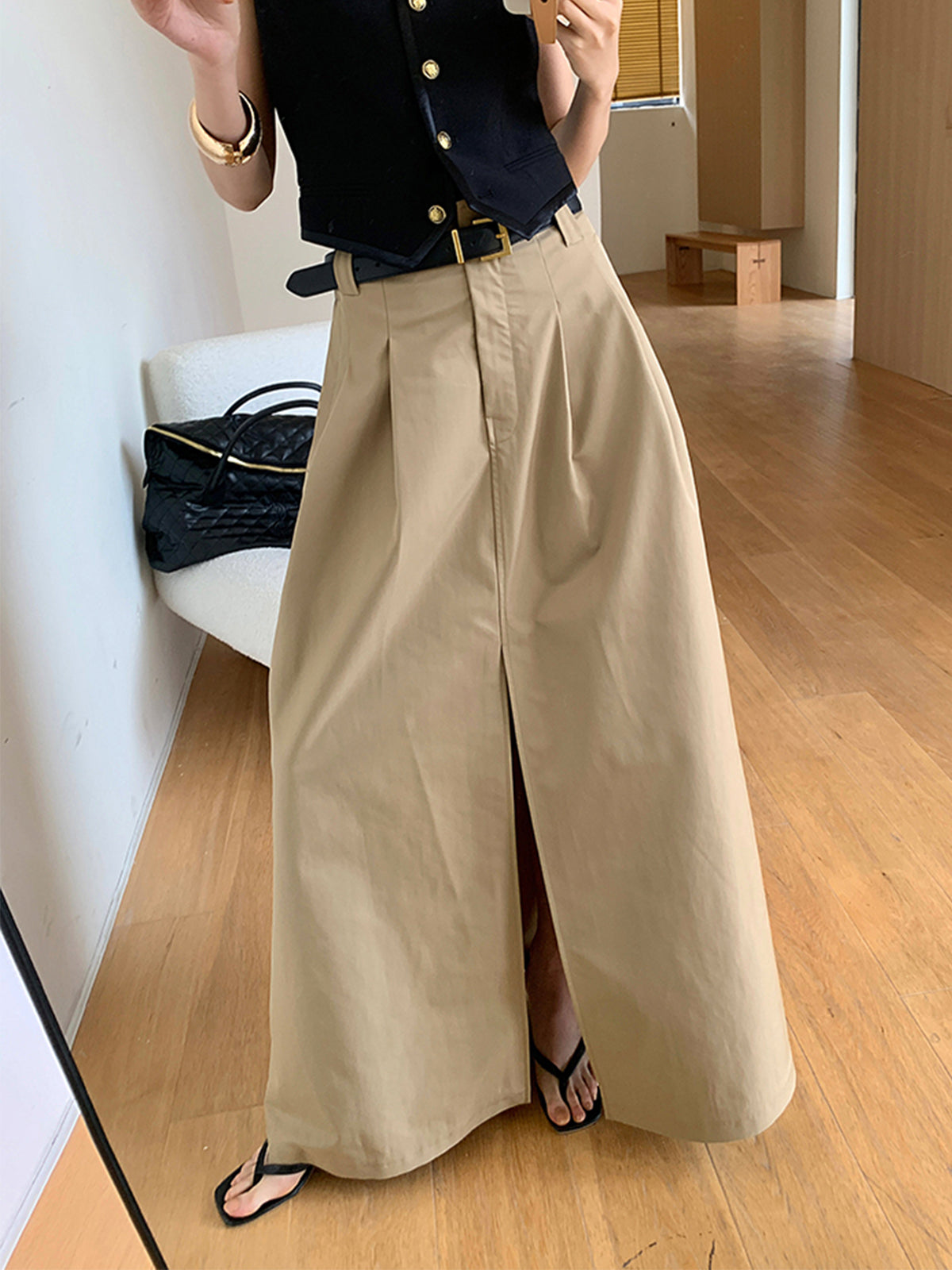 Oversized Cotton Split Maxi Skirt Without Belt-Chicvia