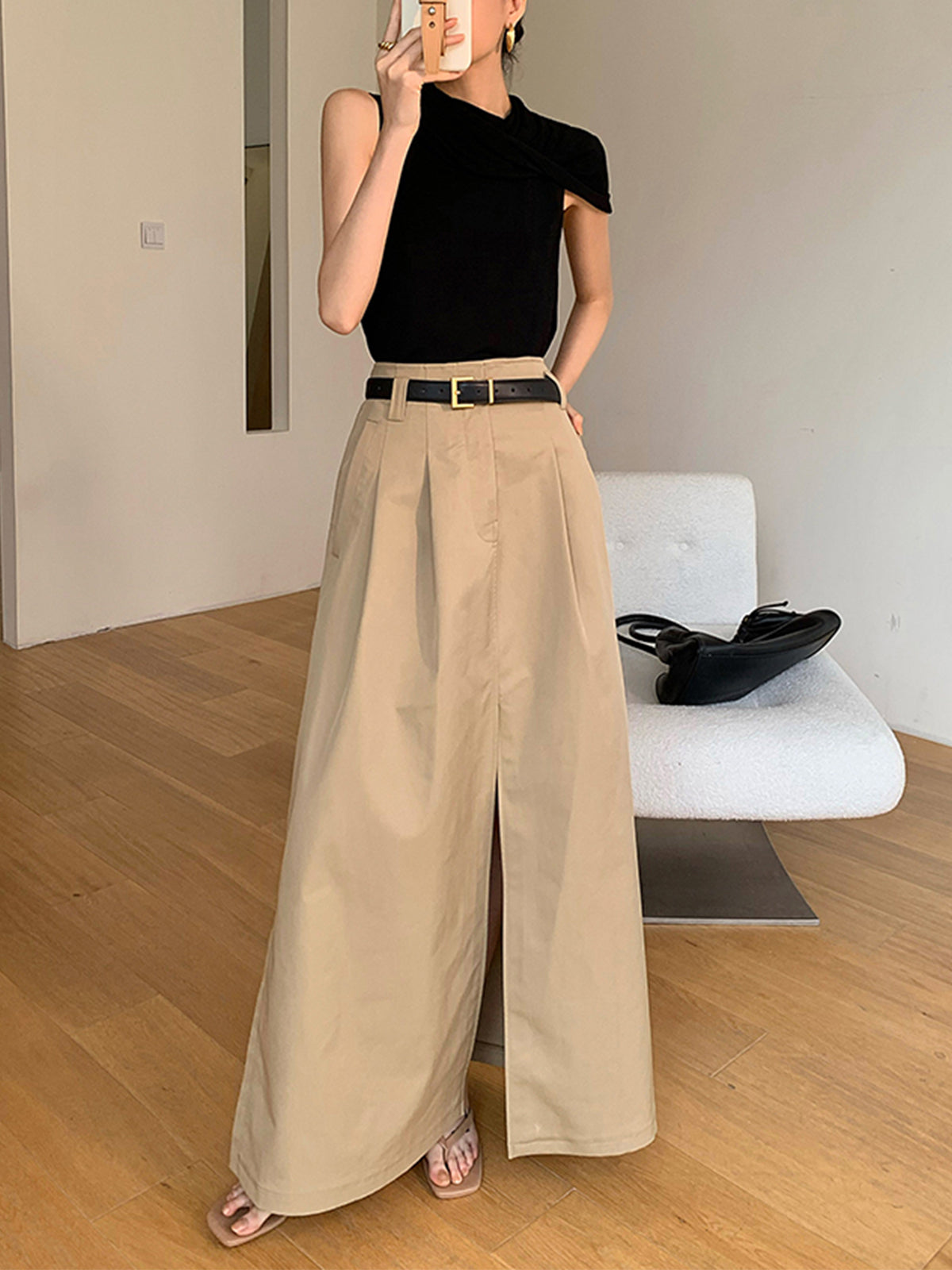 Oversized Cotton Split Maxi Skirt Without Belt-Chicvia