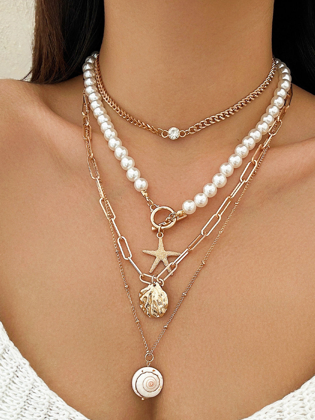 Faux Pearl Shell Beach Style Necklace-Chicvia