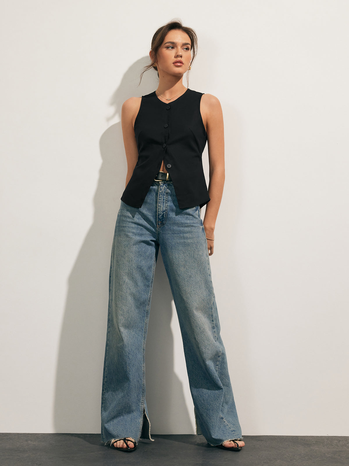 Linen Blends Button Up Tank Top-Chicvia