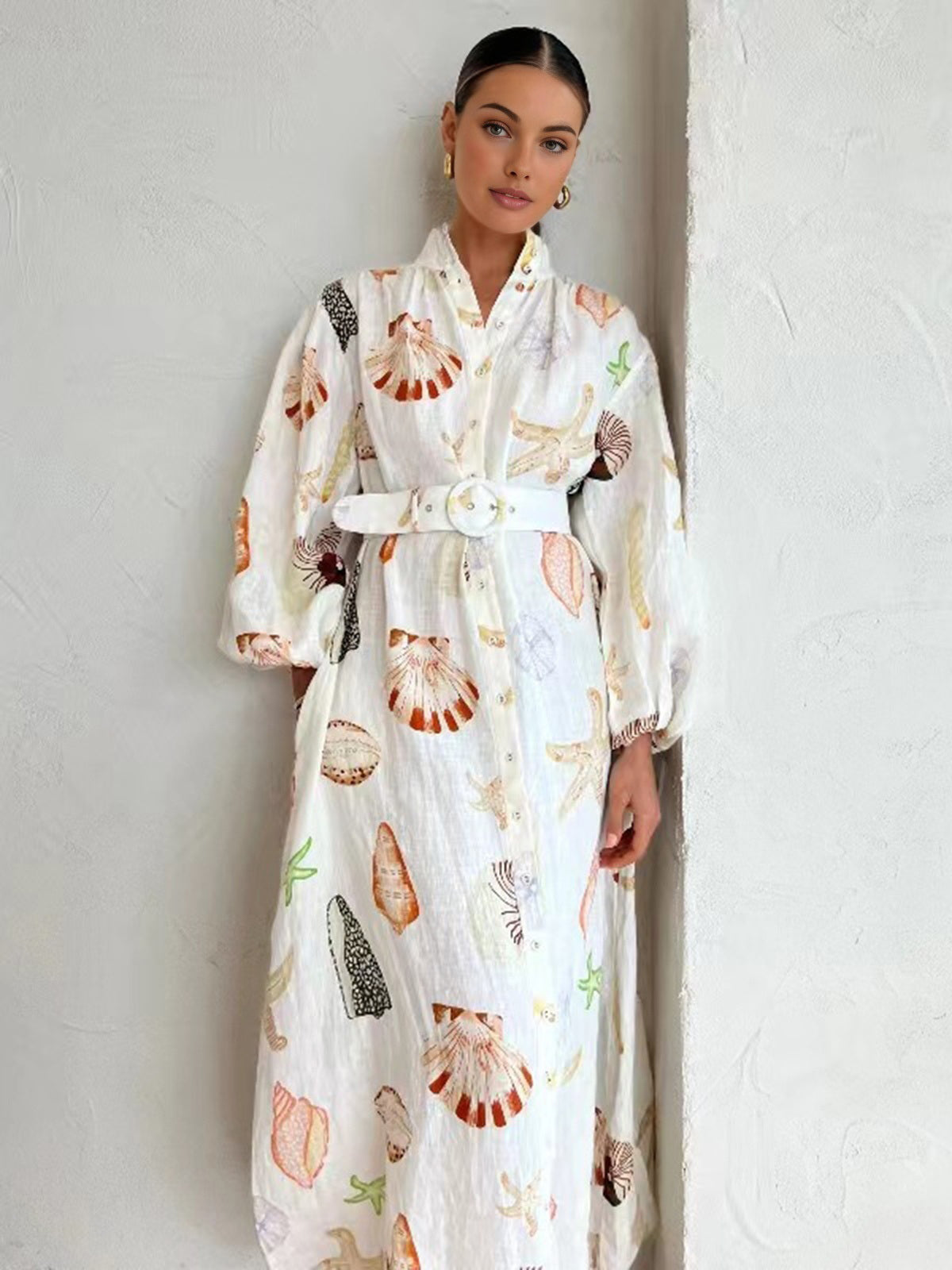 Marine Life Print Button-Front Belted Long Dress-Chicvia
