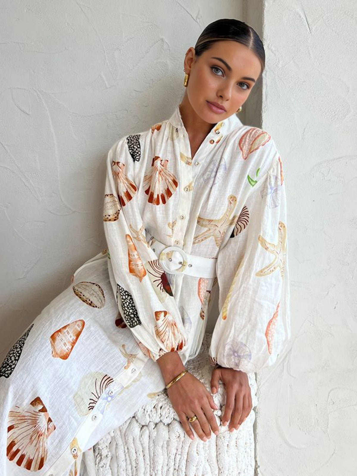 Marine Life Print Button-Front Belted Long Dress-Chicvia