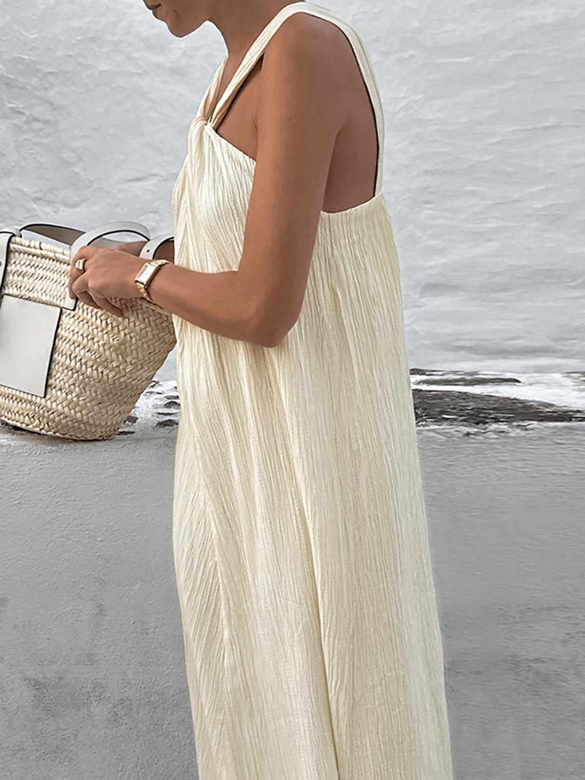 Creamy Halter Long Dress-Chicvia