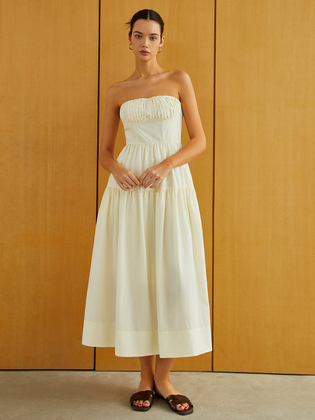 Creamy Zipper Pleated Midi Dress-Chicvia