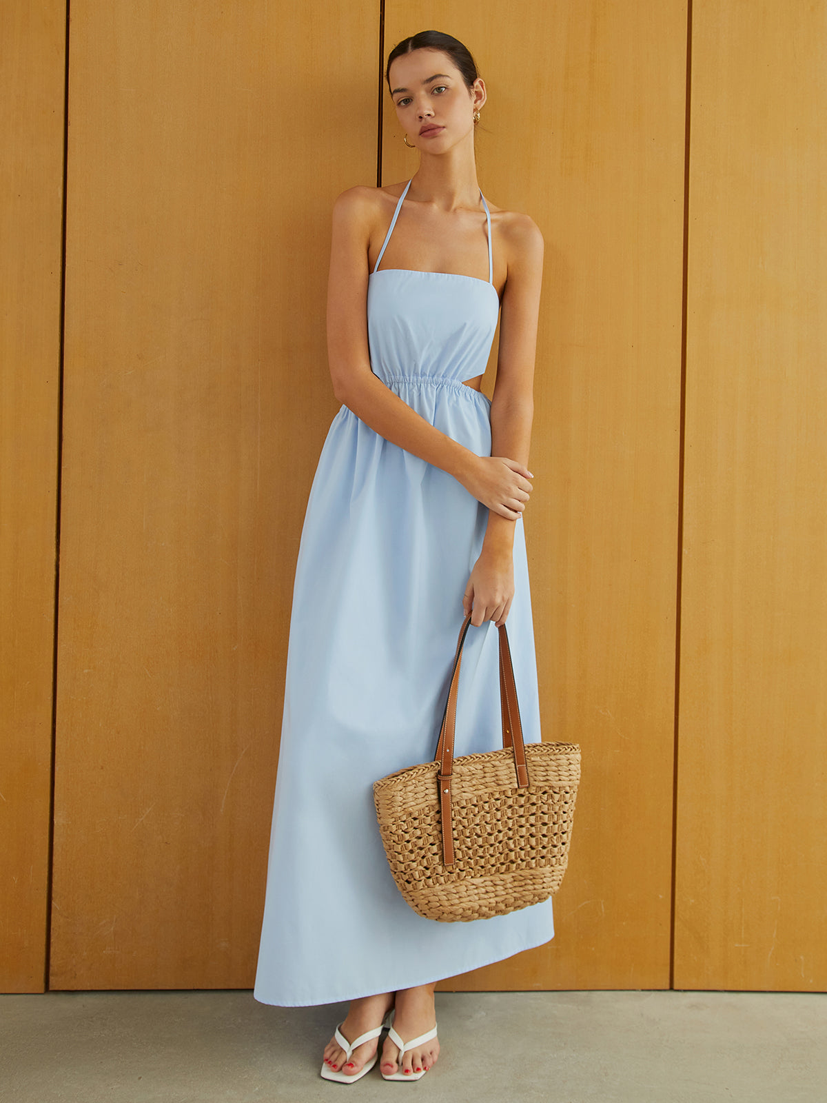 Halter Elastic Waist Cutout Long Pocket Dress-Chicvia