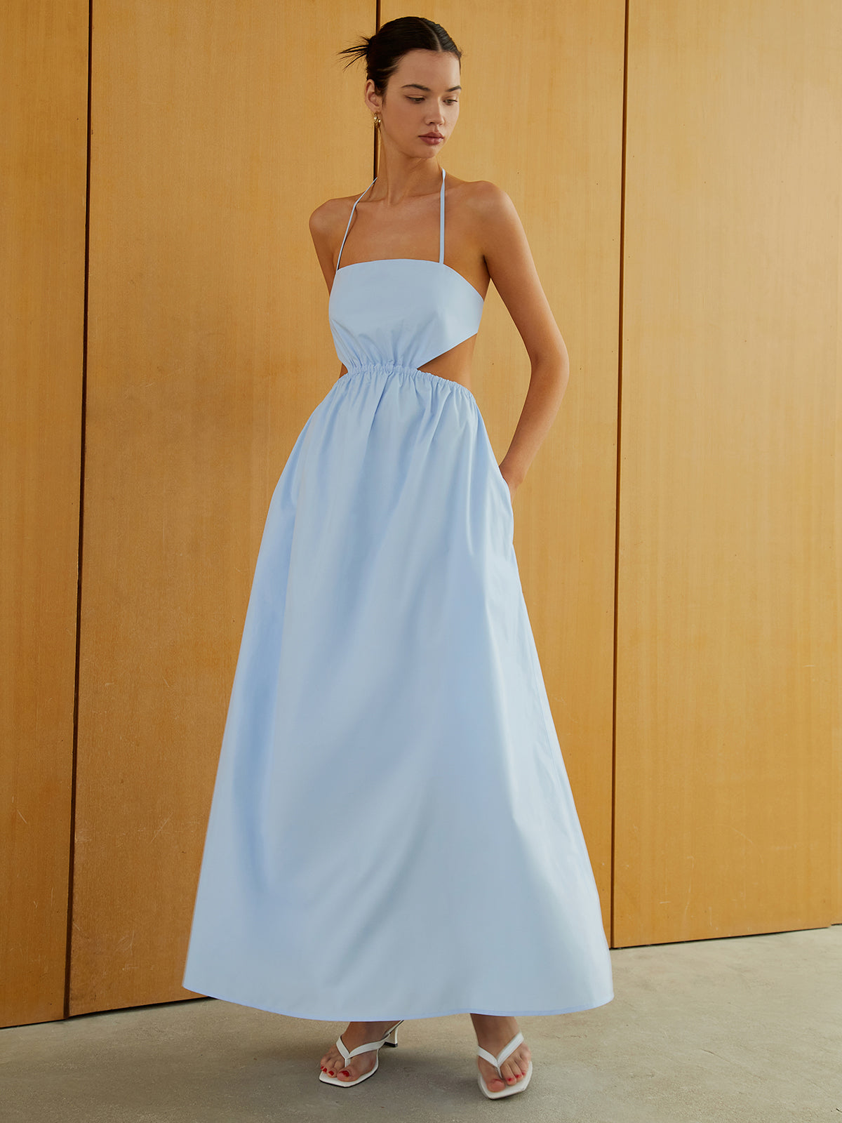 Halter Elastic Waist Cutout Long Pocket Dress-Chicvia